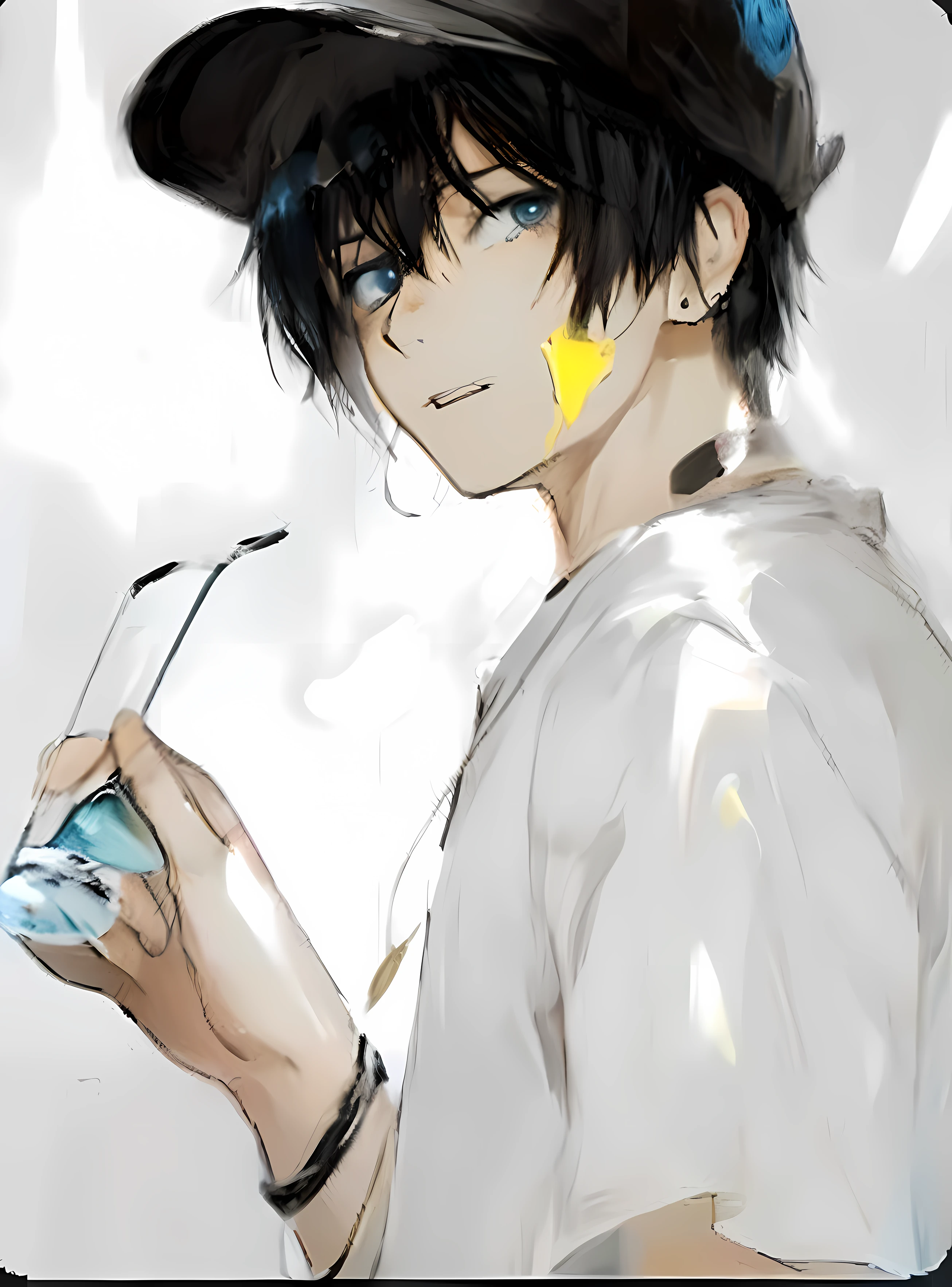 anime boy with a drink and a hat holding a glass, anime boy, by Ei-Q, tall anime guy with blue eyes, 2 d anime style, with index finger, aramaki shinji, young anime man, male anime style, l · Lawliet, by Ai-Mitsu, otaku gangasta, kentaro miura manga art style, high quality fanart