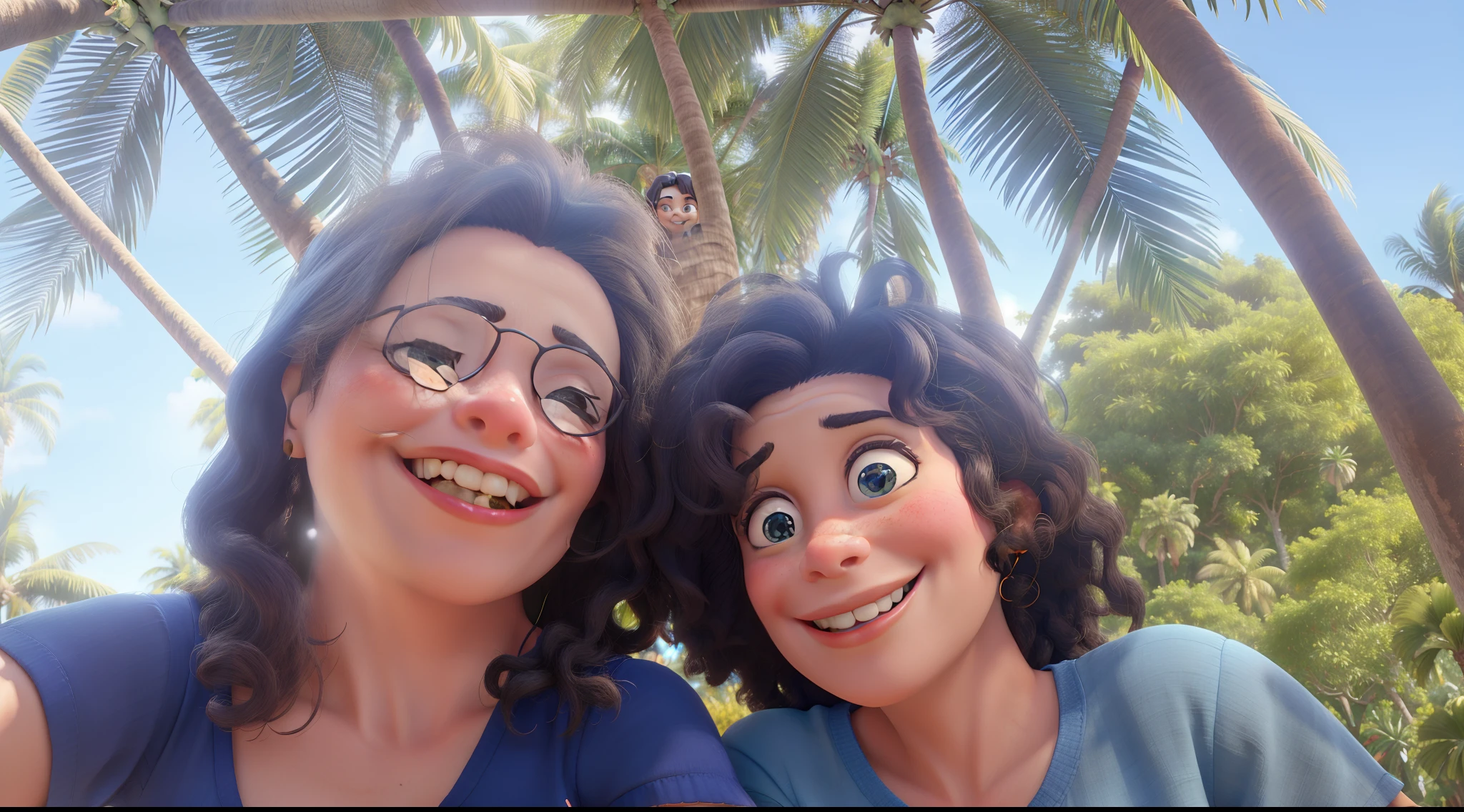 Duas mulheres sorrindo, Background with palm trees and blue sky.