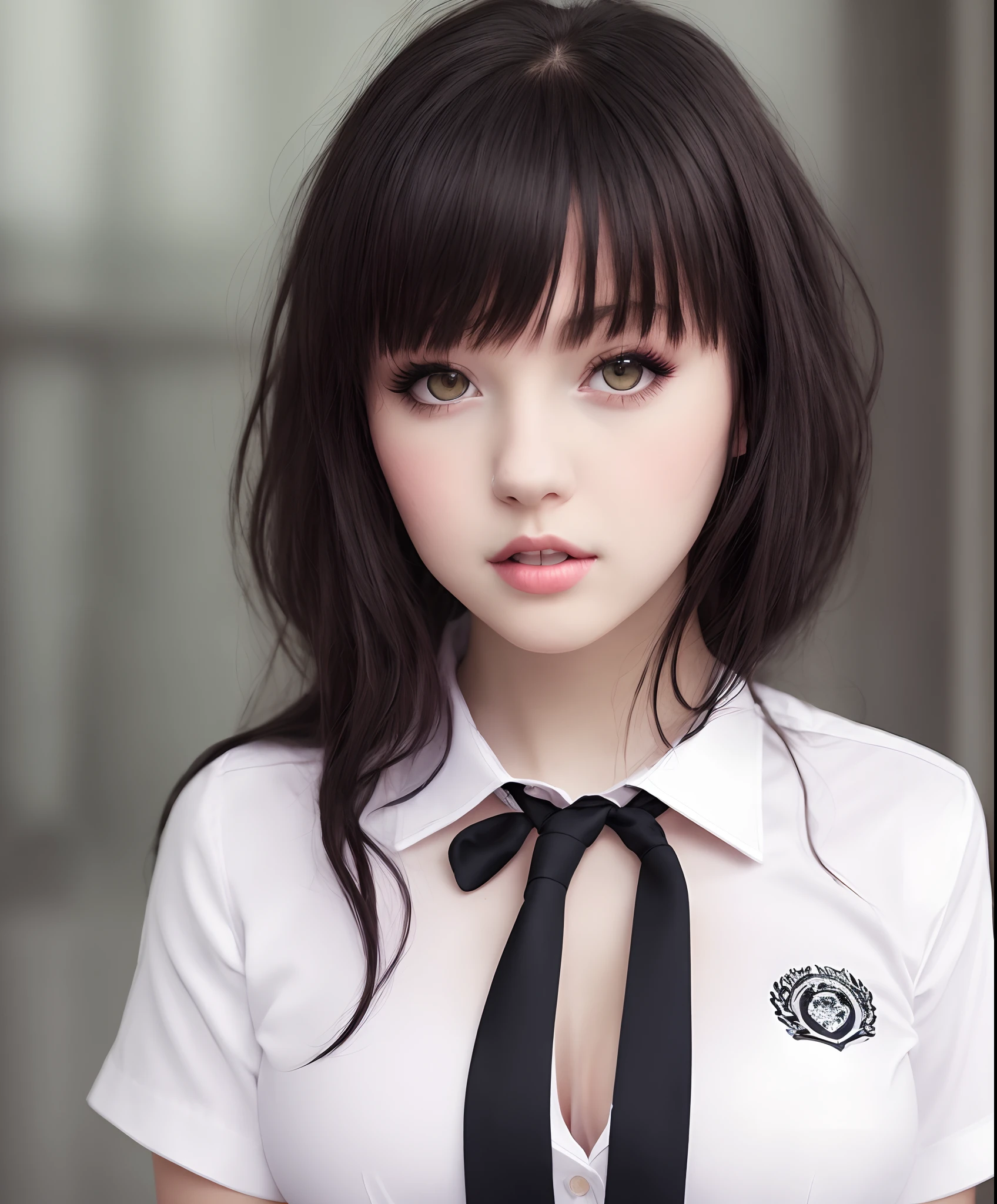 solo, 8K quality, school outfit, little cleavage, mysterious girl, pale skin, red blush, straight hair, dark black hair, white collar shirt with tie, over face, full lips,