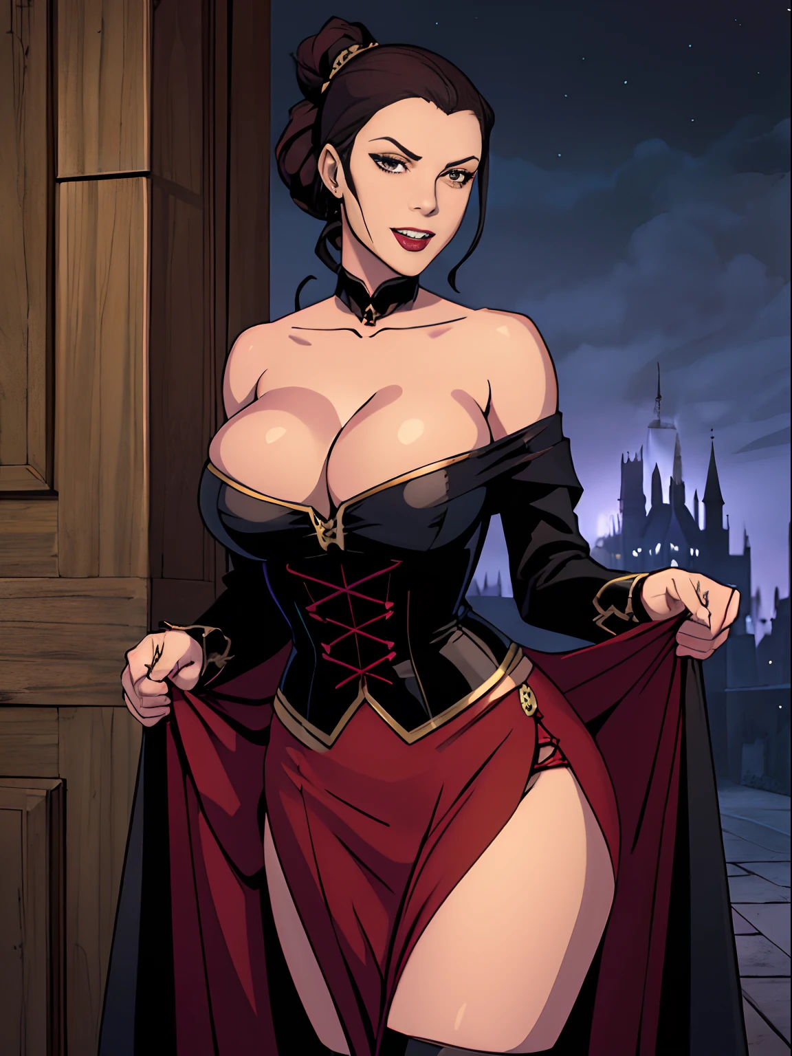 (masterpiece, top quality, best quality, official art, beautiful and aesthetic:1.2), (1girl:1.3), long and curly dark brown hair, ((extravagant updo)), Victorian style, extremely detailed, portrait, looking at viewer, solo, (full body:0.6), detailed background, close up, mischievous eyes, (cold midnight castle theme:1.1), extremely busty vampire, long fangs, blood on chin, huge lips, charlatan, smirk, mysterious, being seductive on a balcony, revealing gothic dress, lace, extremely tight bodice, black attire, red skirts, off shoulder, long sleeves, loose sleeves, black leather, cloak, corset, black dress, fishnets, thigh high black boots, buckles, straps, pouches, glowing blood magic energy, dark red fabric, silver trim, black leather, gigantic breasts, cleavage, skindentation, slim waist, slim hips, long legs, medieval (gothic castle exterior:1.1) background, nighttime, dark mysterious lighting, shadows, magical atmosphere, dutch angle