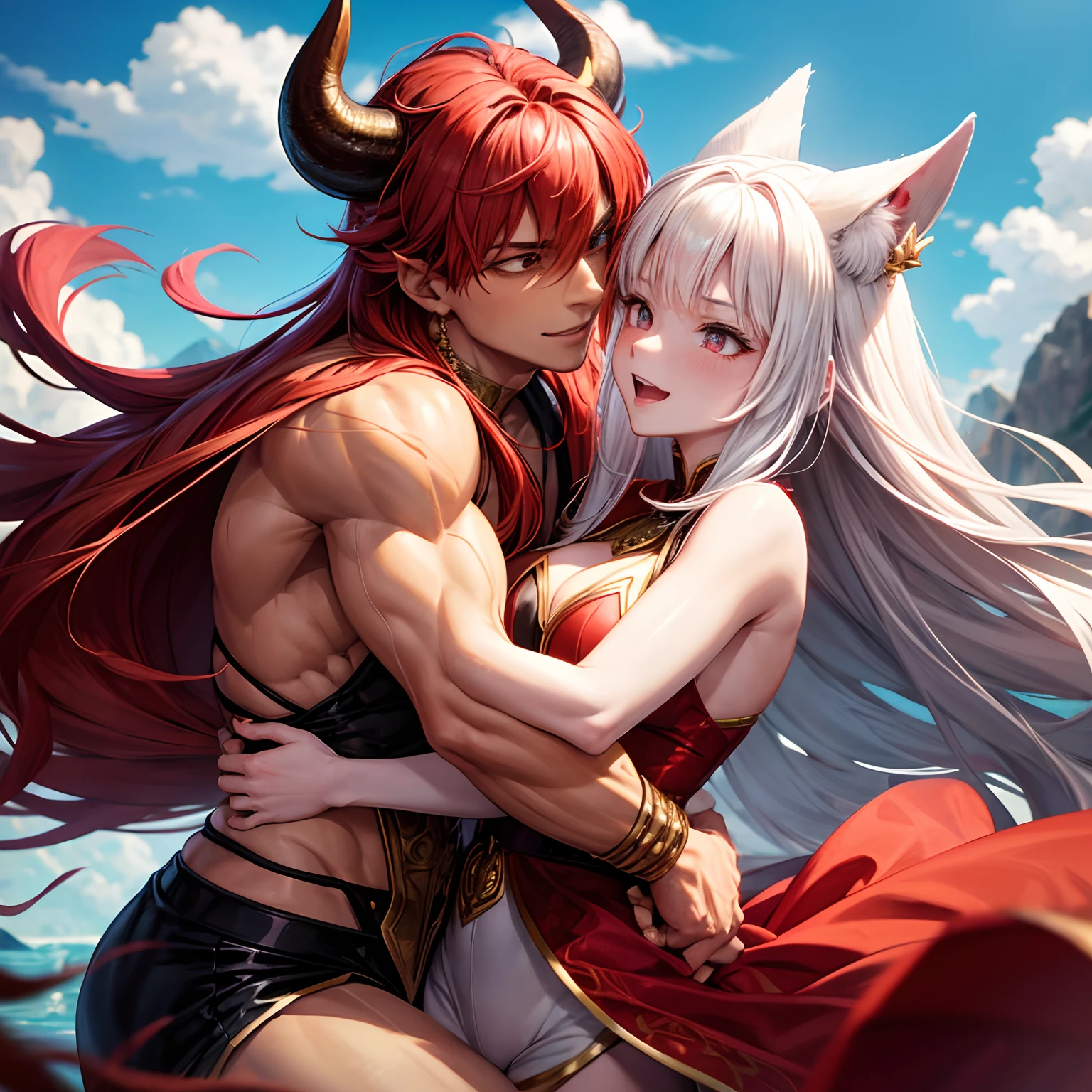 Red-haired young man、King of the Demon Tribe、Reptile golden-eyed adult male、Red-haired man swaying in the wind、Man in a loose white shirt、Young man with tanned skin、Adult male with muscular body、Smile embarrassedly、Body close-up、Two black horns visible from the red hair、Entanglement with a delicate girl、Powerful figure hugging a girl with white hair、A young man entangled with a girl、Bobcat and Human Girl、