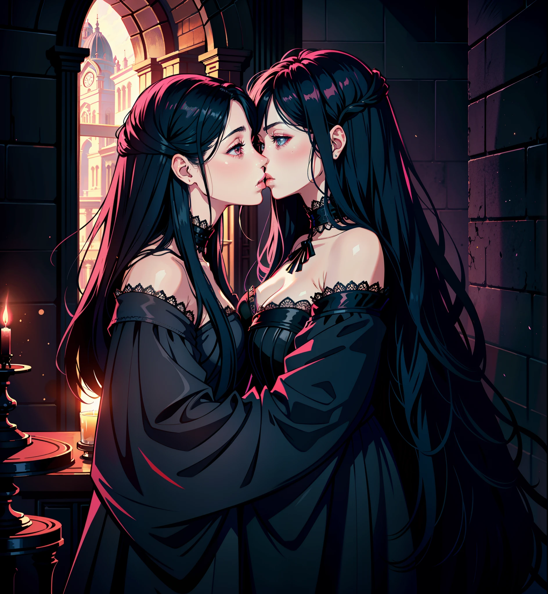 adesivo, fundo simples, portrait, 2 girls, couple, kissing, girl with long hair, beautiful gothic girl, gothic aesthetic, beautiful girl, very beautiful fantasy art, beautiful and elegant female gothic, beautiful detailed fantasy, black and pink color palate, pink color-theme