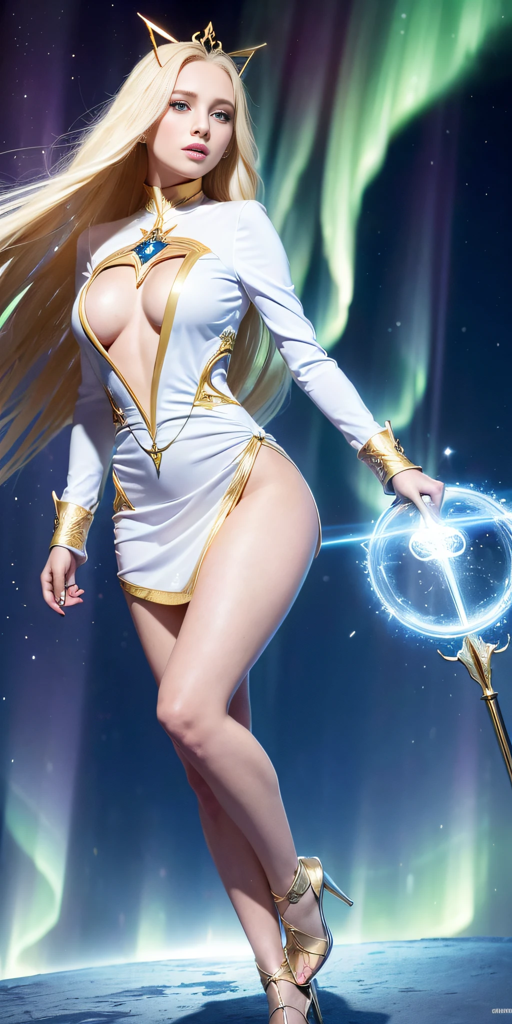 (((realistic))), random view of the 4 cardinal points, ((The Enchantress surrounded by blue-gold energy mystical aurora with chaotic astral appearance, rays of light, atmosphere of chaos, field of fire and glowing fathoms)), (she has a symmetrical, angular and expressive face. Her eyes are green, her nose and mouth are medium in size. Her cheekbones are high and prominent, and her forehead is wide), (she is a tall and slender woman, with long blonde hair, her skin is pale. She wears a white dress with long sleeves and 30% miniskirt, bare thighs), The Sorceress comes with her winged helmet and the Staff of Zoar, legs open, standing in the main hall of the castle, intricate details, back side lighting, background golden blue mystical energy around, wallpaper