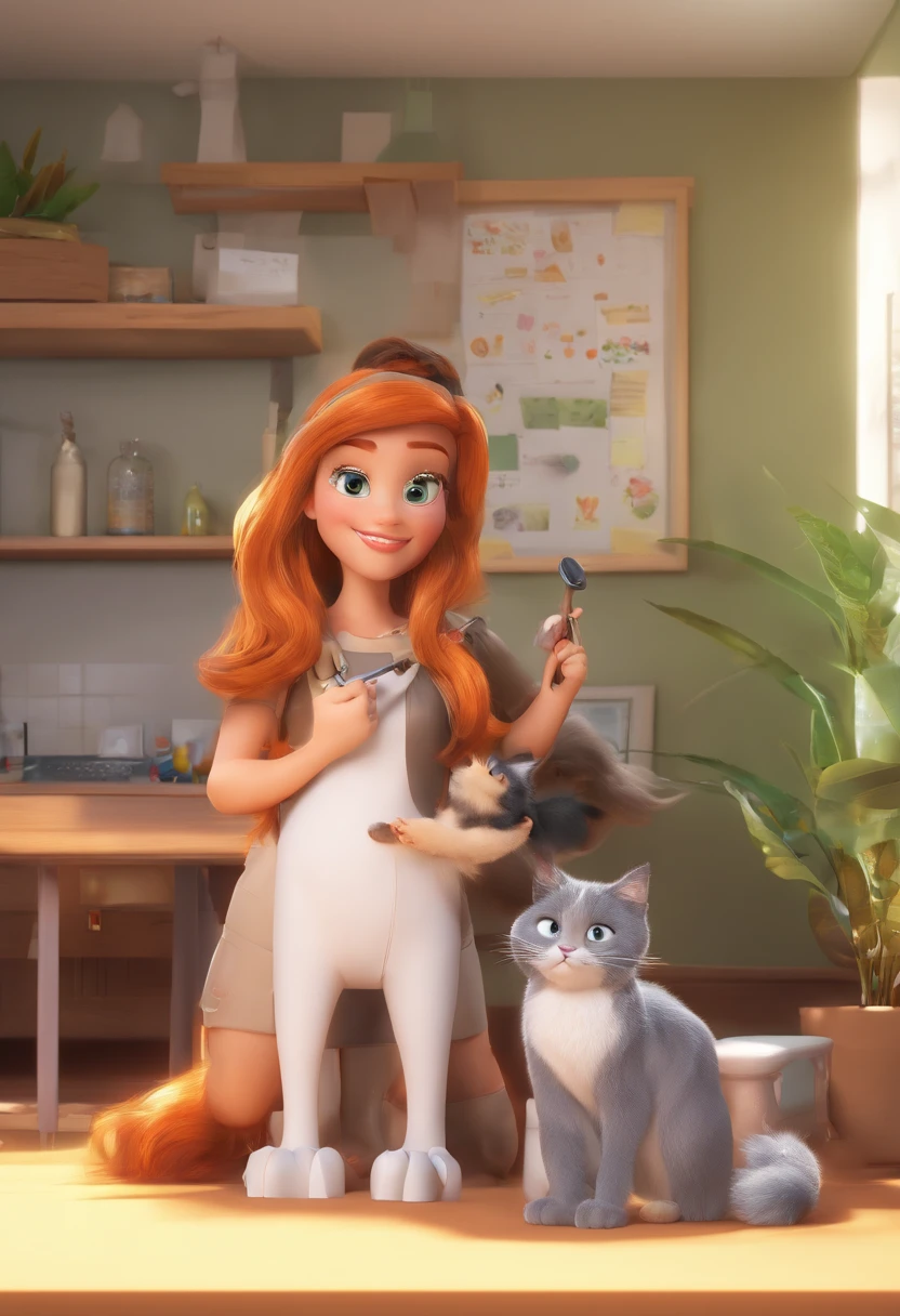 Mulher de cabelos compridos, castanho claro, olhos verdes, jaleco Branco, Stethoscope on neck in a veterinary clinic with several dogs, uma calopsita, a hawk and a black and white cat, dramatic light, Dramatic Outcast, extremely high-resolution, 3D Animation Poster Style, Magia da Disney Pixar, Estilo Disney Pixar, Disney Animation, 3D animation style, Disney Pixar rendering