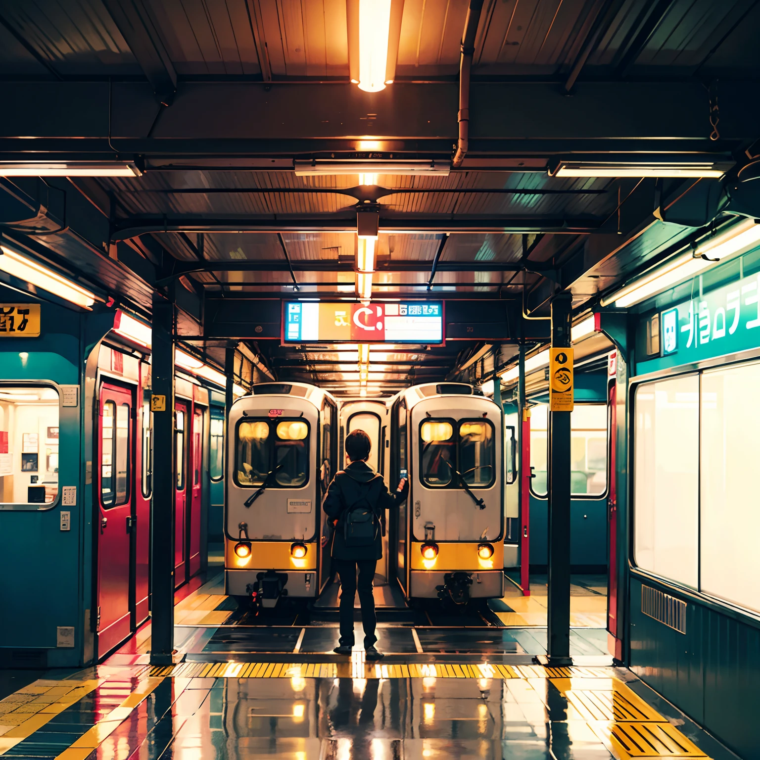 (best quality,4k,8k,highres,masterpiece:1.2),ultra-detailed,(realistic,photorealistic,photo-realistic:1.37),crowded subway station,commuters rushing,blurred movement,sunlight streaming through windows,people reading newspapers,checking their phones and listening to music,metallic surfaces reflecting light,graffiti-covered walls,vibrant advertisements on display,subtle scent of coffee and fresh bread in the air,modern architecture with sleek lines and glass panels,diverse mix of people from different backgrounds,subtle sound of train wheels on tracks,metro map displayed overhead,loudspeaker announcements echoing through the station,entrance gates with automated ticketing system,subway cars with comfortable seating and handrails,lively atmosphere with a mixture of conversations and occasional laughter,dynamic energy and a sense of urgency,underground tunnels leading to different platforms,directional signs guiding commuters to different exits,escalators and staircases leading to street level,                                                                                            vibrant cityscape visible through the subway windows,creating an interesting backdrop for the commuters,generating a feeling of connection and movement,ensembles of people from all walks of life,trains arriving and departing with a distinctive chime,creating a rhythmic pattern,indicating the continuous flow of transportation,combination of natural and artificial lighting,illuminating the subway station,expertly capturing the hustle and bustle of city life,immersing the viewer in the vibrant and lively atmosphere.