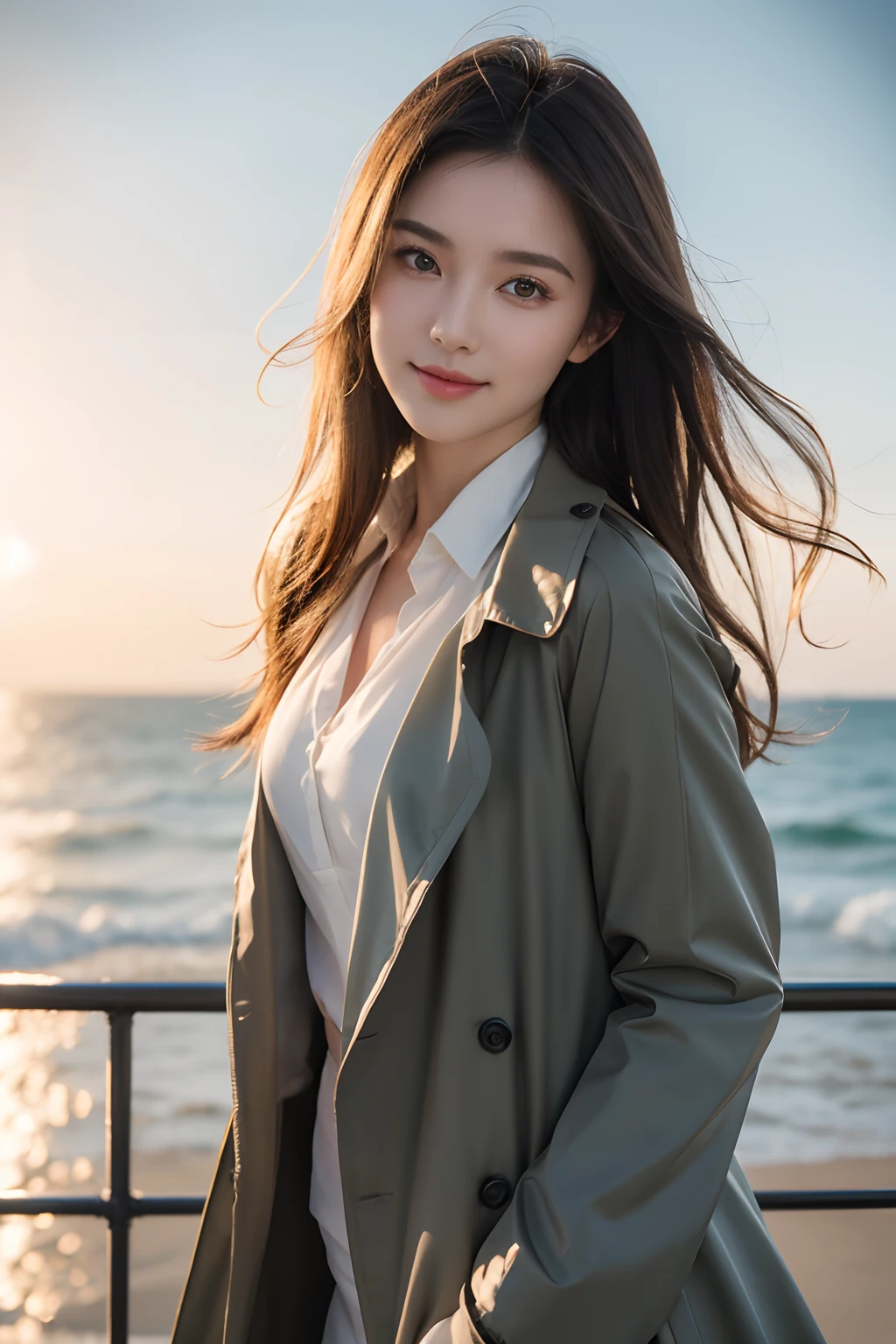 Smiling, (Best quality details:1.2),8K high definition,Ultra detailed,High quality texture,Intricate details,Detailed texture,finely detailed,High detail,Extremely detailed CG,Highqualityshadow,Detailed beautiful delicate face,(Detailed beautiful delicate eyes:1.32),Depth of field,Ray tracing,(A beautiful 25 year old lovely classical Russian lady:1),Glow eyes,Blush, Perfect petite body,brown hair,Dance,Free dance,spin dance,Black trench coat set,Elegant shirt, Sunlight,Sea sky background,The sea breeze blows,The world is vast