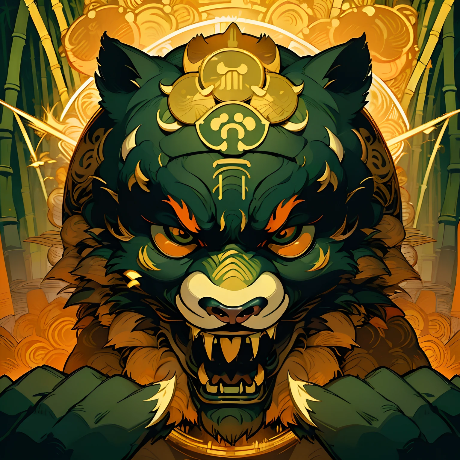 A cosup, a fierce panda's face opens its mouth and roars. Color vector illustration FHD,UHD,18K,((Bamboo forest thrashing in the background)),((Gold coins soaring)),((Durian)) ,dark fantasy pictures  ,tone green,orange,