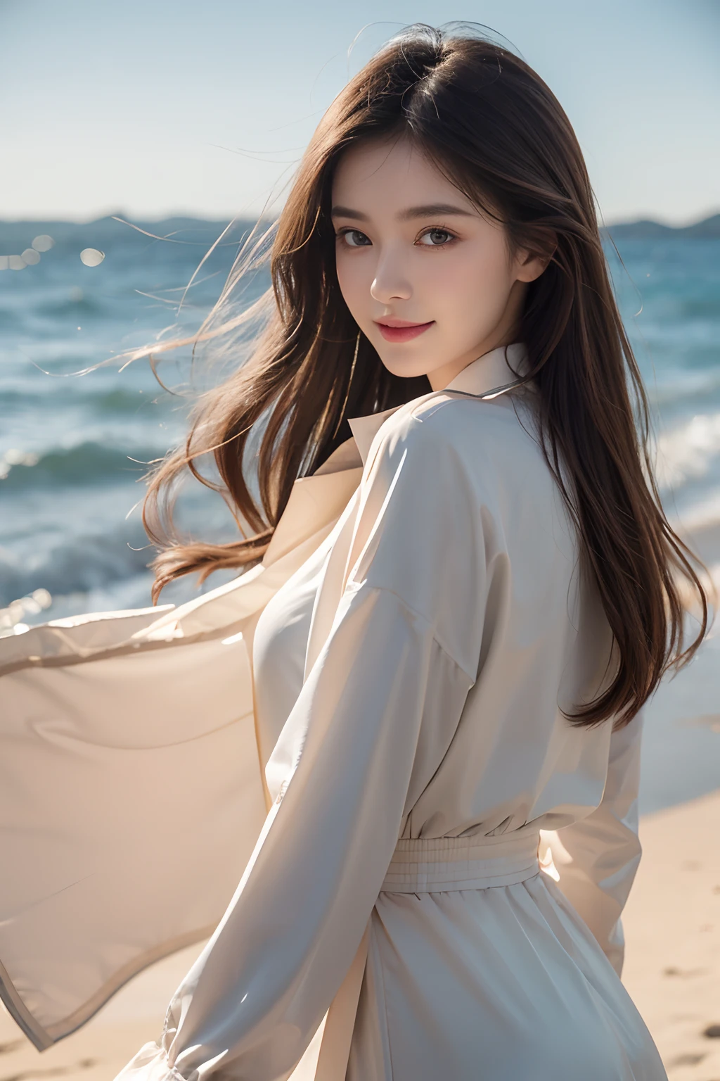 Smiling, (Best quality details:1.2),8K high definition,Ultra detailed,High quality texture,Intricate details,Detailed texture,finely detailed,High detail,Extremely detailed CG,Highqualityshadow,Detailed beautiful delicate face,(Detailed beautiful delicate eyes:1.32),Depth of field,Ray tracing,(A beautiful 25 year old lovely classical Russian lady:1),Glow eyes,Blush, Perfect petite body,brown  hair，Dance,Free dance,spin dance,Black trench coat set,Elegant shirt, Sunlight，Sea sky background，The sea breeze blows，The world is vast