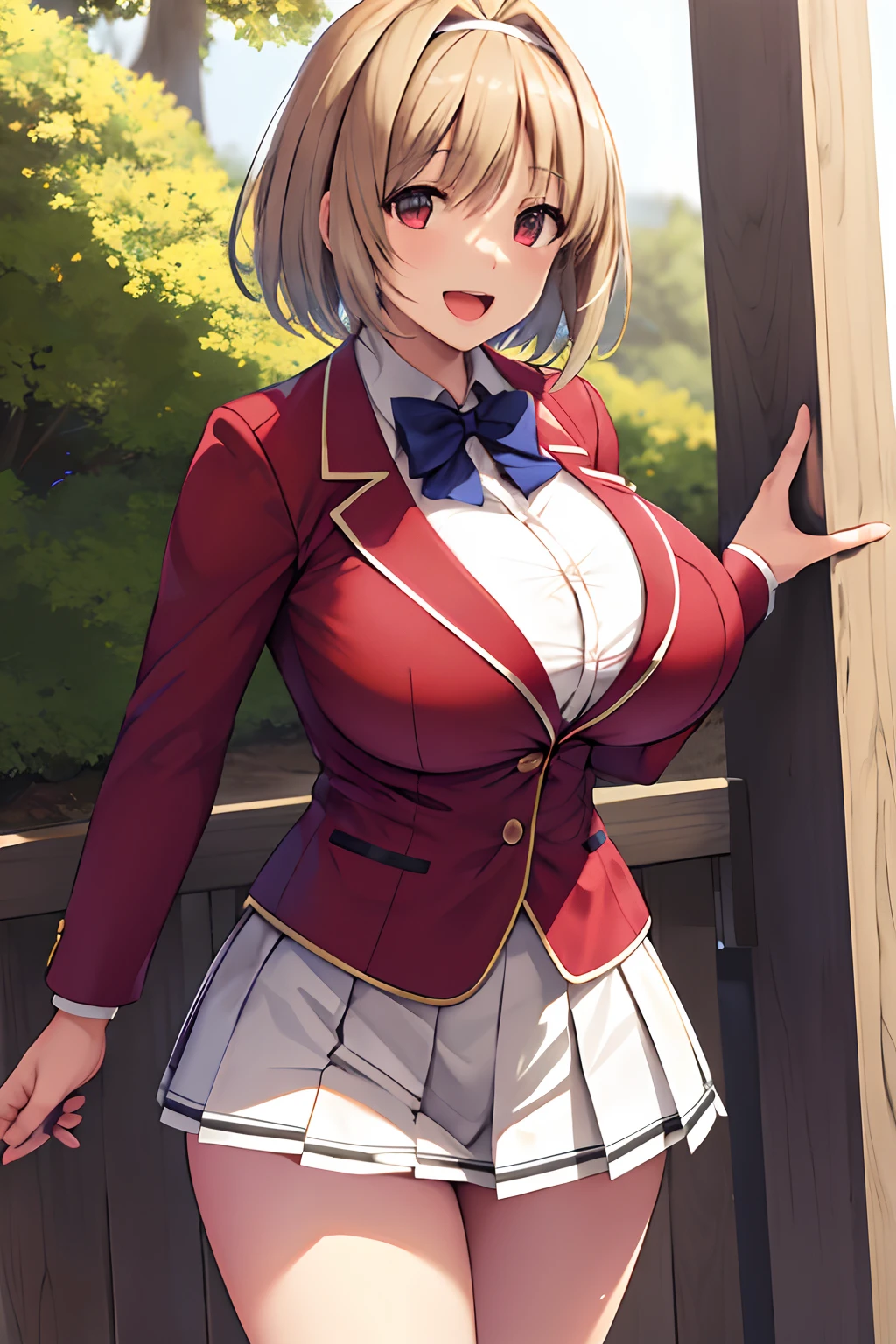 Big tits, masterpiece, best quality, highres, aakikyo, short hair, hair intakes, white hairband, blue bowtie, collared shirt, blazer, red jacket, long sleeves, white skirt, pleated skirt, black socks, cowboy shot, standing, outdoors, straight-on, arms at sides, smile, open mouth, thick