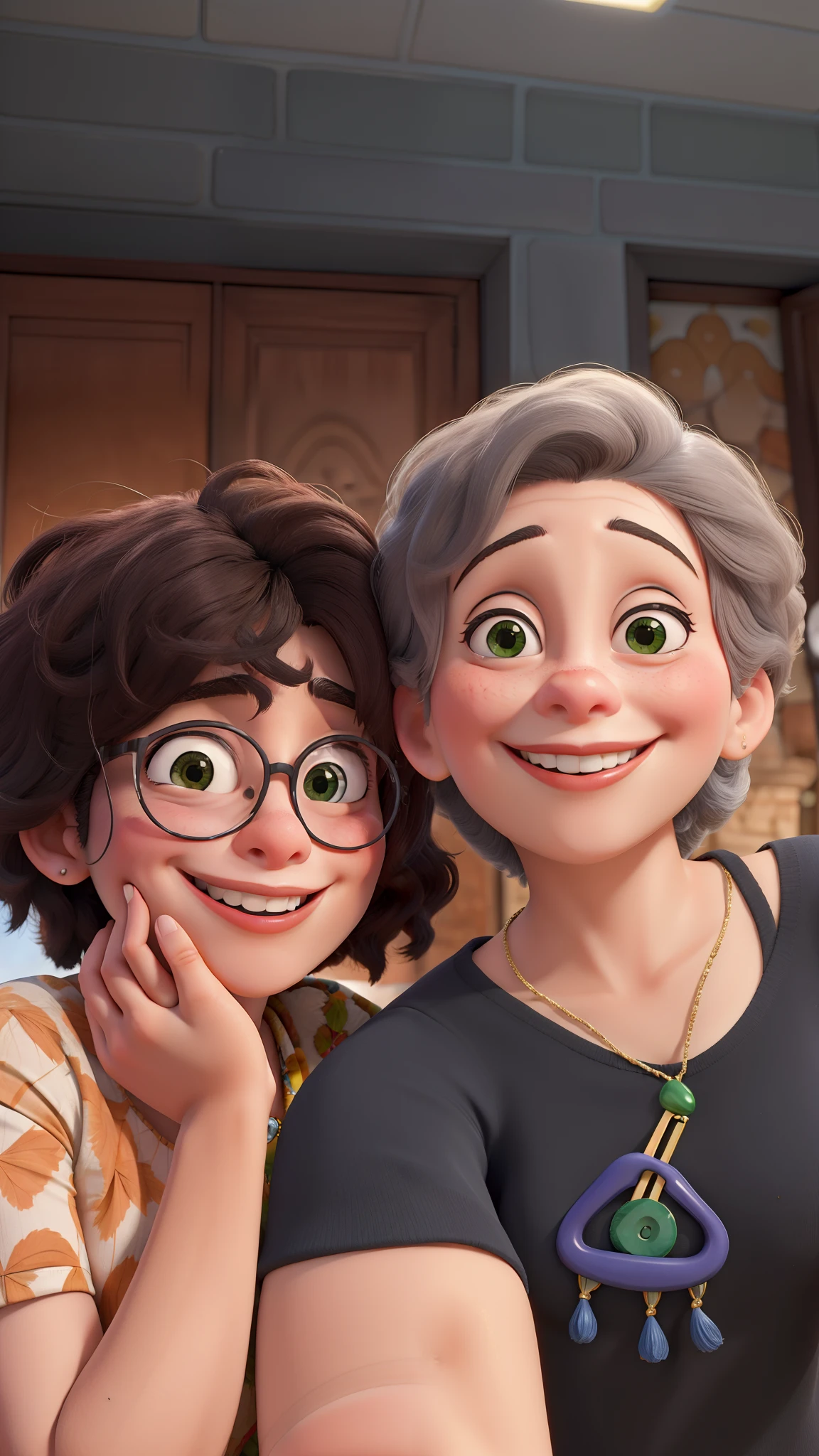 Duas mulheres sorrindo, fundo parede laranjas escuro.