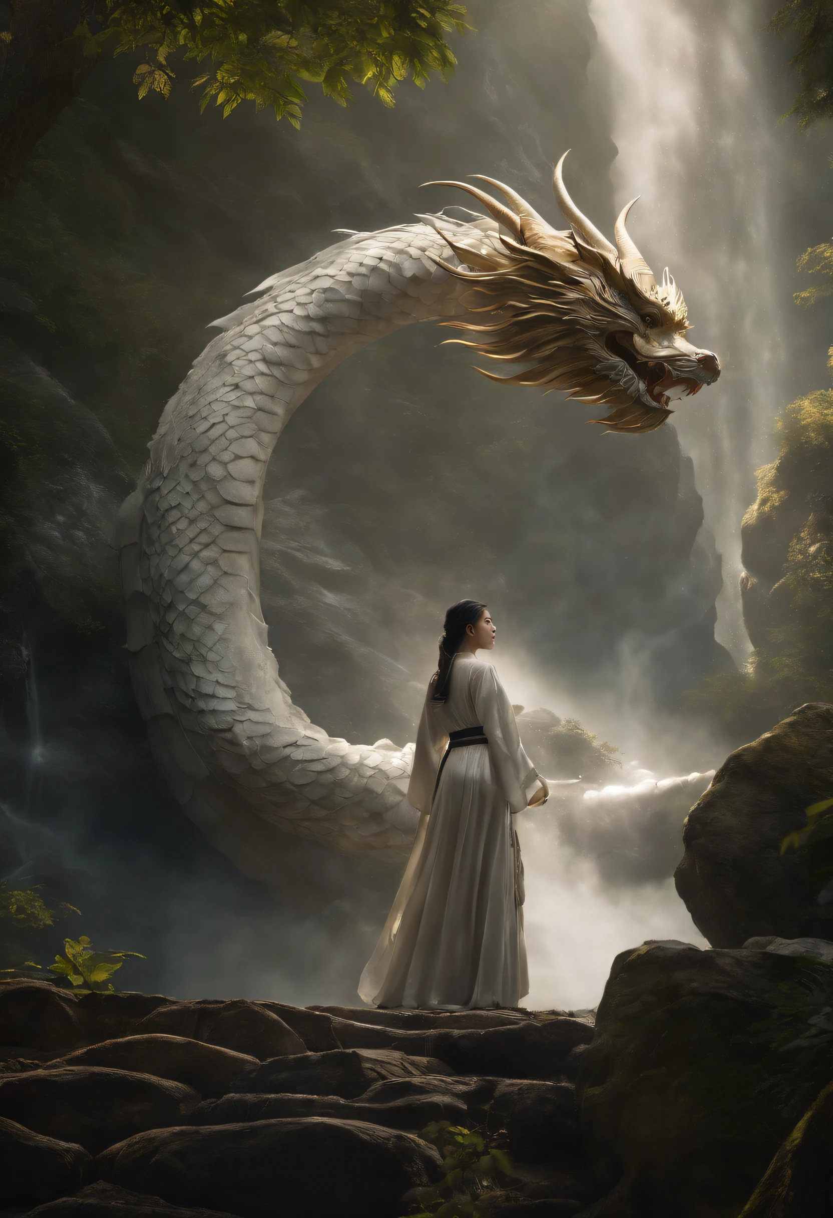 Asian-style white dragon flying around a mysterious waterfall、The white dragon's body is long and undulating like a large snake, and a jewel is held in his right hand.、He roars with magnificent horns and a beard on his head.、Cat-eared girl who challenges the white dragon、[Object Object], (detailed facial features:1.3), (Raw photo, 16 K, masutepiece, Best Quality: 1.2), (ultra-realism, Ultra-dense and complex realism: 1.3), (Wide depth of field, Radiation Mapping, Ray tracing, god rays: 1.2), High dynamic range, Vivid, Rich details, Clear shadows and highlights, Realistic, Formidable, Increased contrast, Cat-eared girl in Japanese clothes fighting a white dragon in a mysterious waterfall、