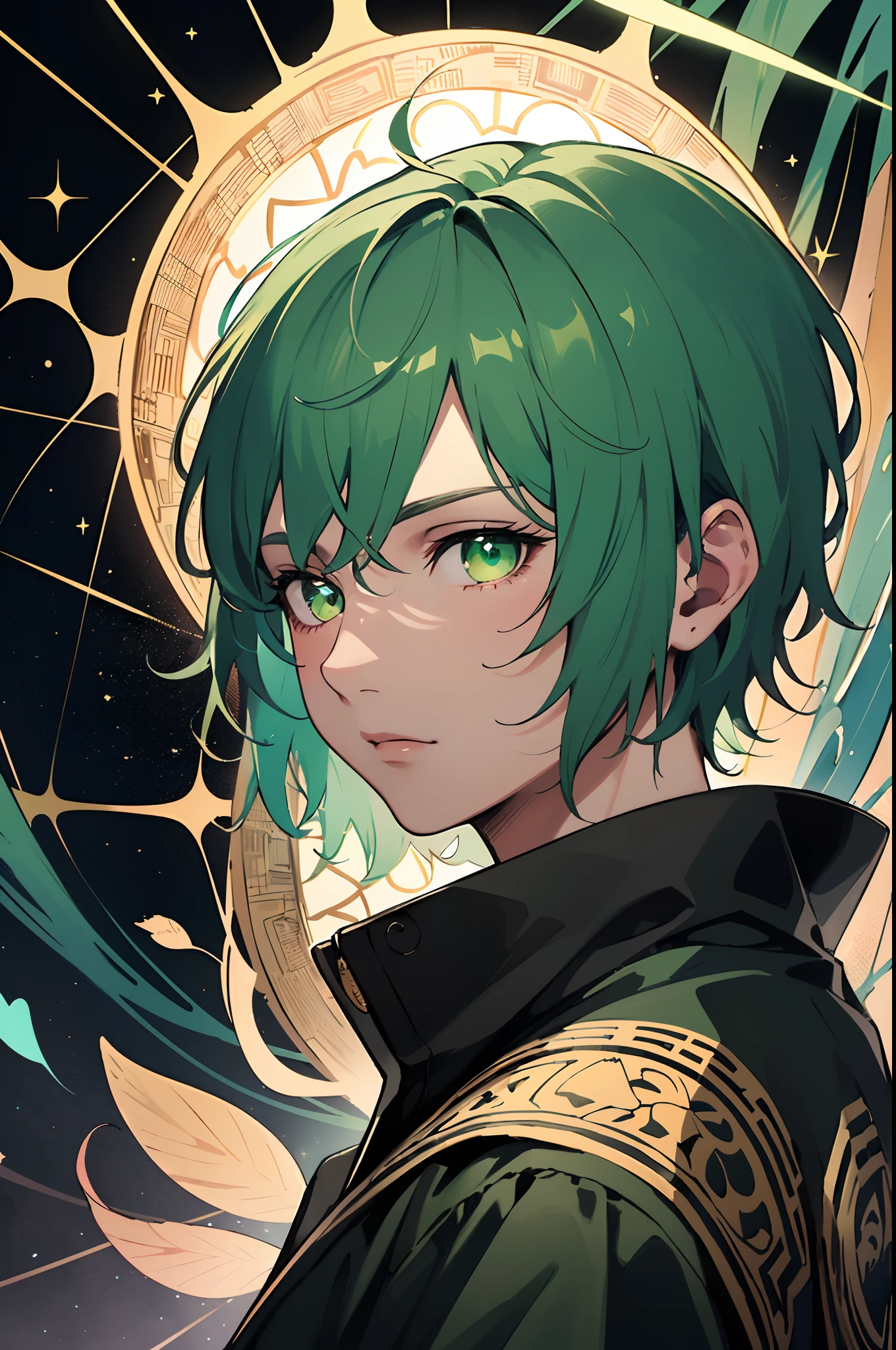Realistic, (Masterpiece, Top Quality, Best Quality, Official Art, Beauty and Aesthetics: 1.2), Very Detailed, Fractal Art, Colorful, Most Detailed, Zentangle, (Abstract Background: 1.5) (1boy: 1.3), Short Hair, (Glowing Green Eyes), Mysterious, (Magic), Handsome Man,With animal ears, sparkling