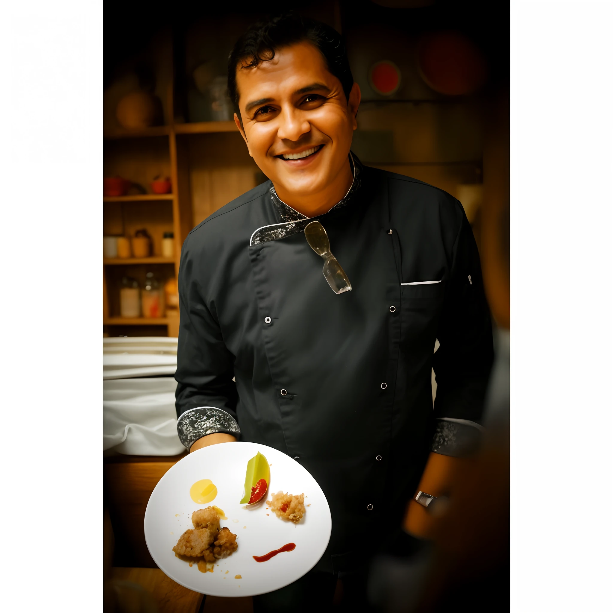 Chef segurando um prato de comida em uma cozinha com um sorriso no rosto, Directed by: Caroline Mytinger, Directed by: Juan Carlos Stekelman, Directed by: Manuel Ortiz de Zarate, melhor chef, Directed by: Alejandro Obregon, Directed by: Meredith Dillman, inspired by Cándido López, inspired by Carlos Enríquez Gómez, Directed by: Byron Galvez