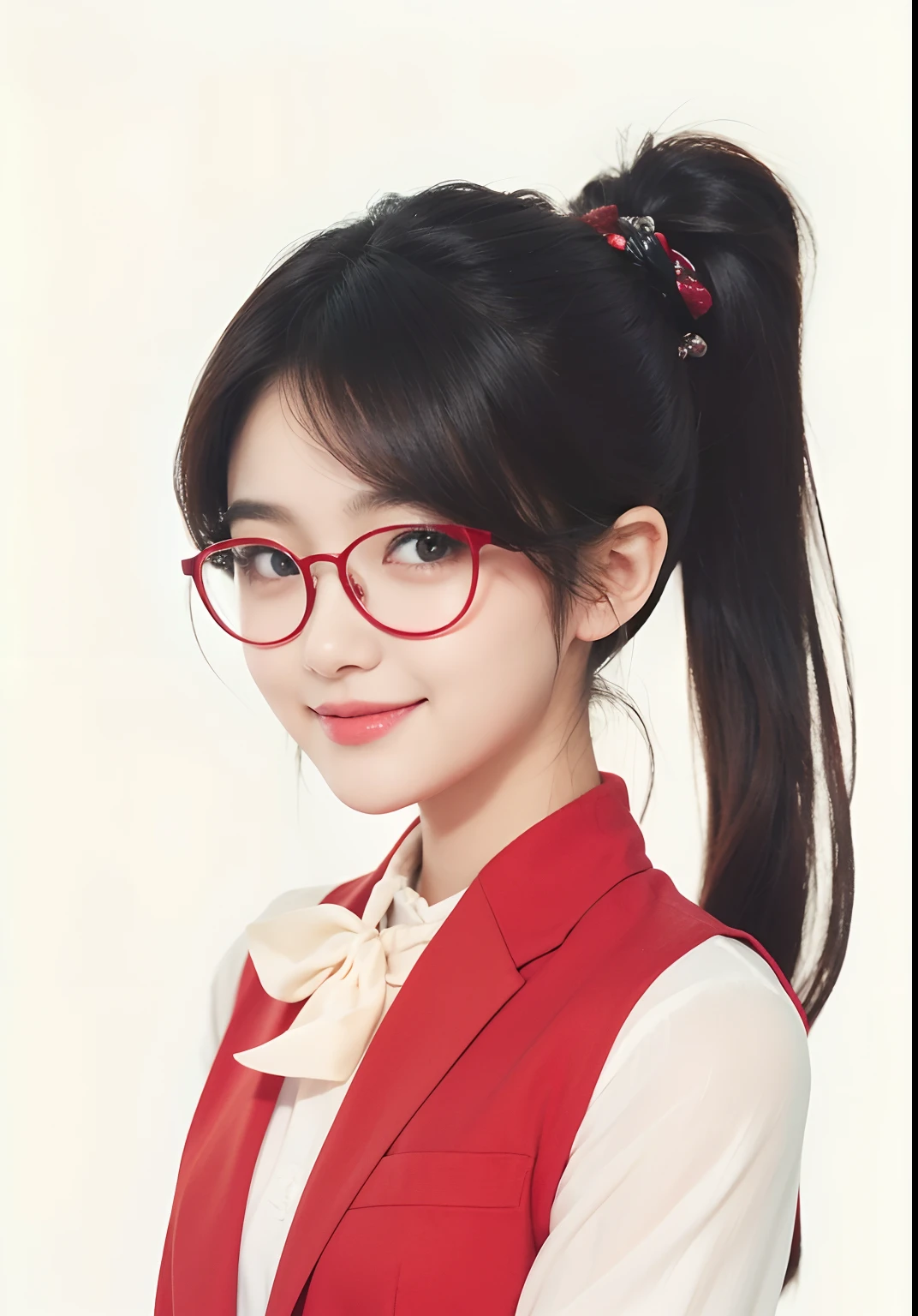 A girl with realistic tied long hair, wearing realistic red glasses, realistic Korean beautiful face, realistic cute face,Realistic sweet smiling expression, adapts the exact same clothes,Realistic light, realistic shadows, realistic background