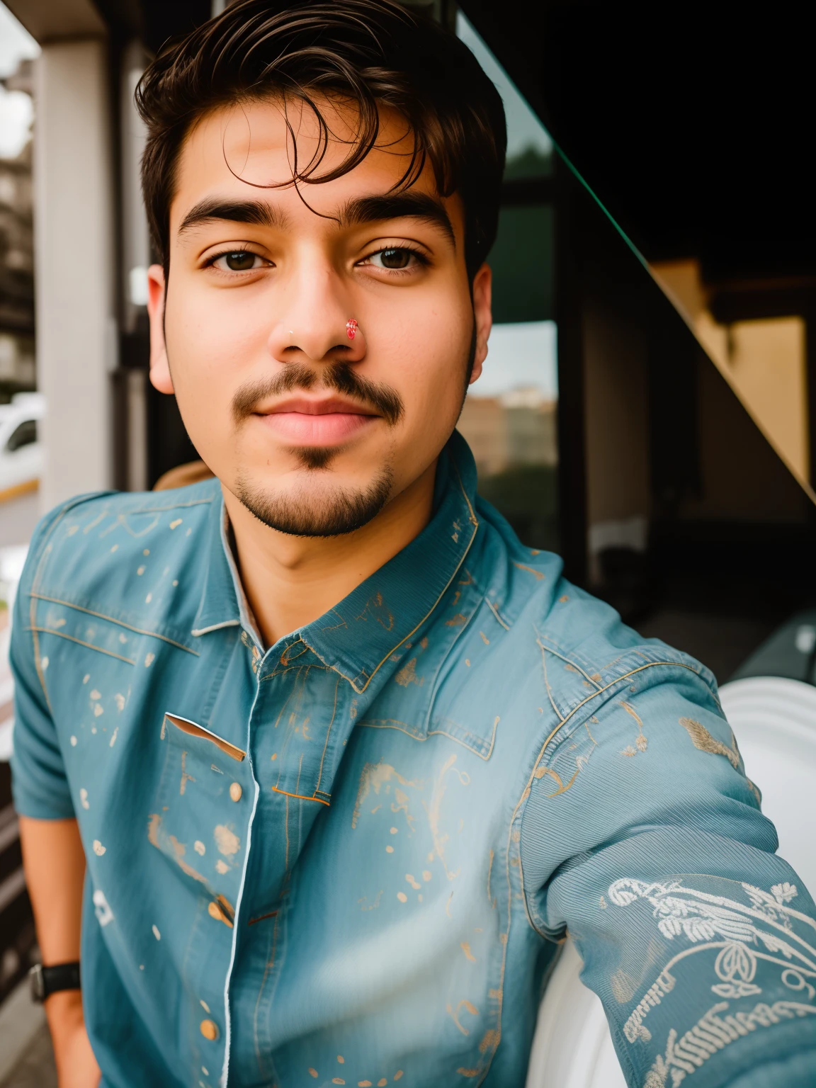 there is a man that is taking a selfie with his cell phone, with accurate face, front profile!!!!, very very low quality picture, 8k selfie photograph, taken with sony alpha 9, shot on nikon z9, without beard, with lovely look, candid picture, photo taken with canon 5d, face picture, taken with the best dlsr camera denim jacket cloth age 20
