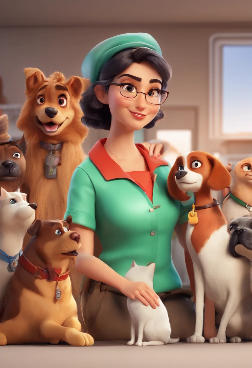 Mulher de cabelos compridos, loira, sorrindo, batom vermelho, olhos verdes, jaleco Branco, Stethoscope on neck in a veterinary clinic with several dogs, uma calopsita, a hawk and a black and white cat, dramatic light, Dramatic Outcast, extremely high-resolution, 3D Animation Poster Style, Magia da Disney Pixar, Estilo Disney Pixar, Disney Animation, 3D animation style, Disney Pixar rendering