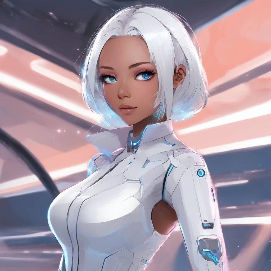 teens girl, 独奏, dark tan skin, white  hair, Handsome Shorthair, hair over one eyes, blue eyess, Tsuriformes, White shirt, a blue skirt,