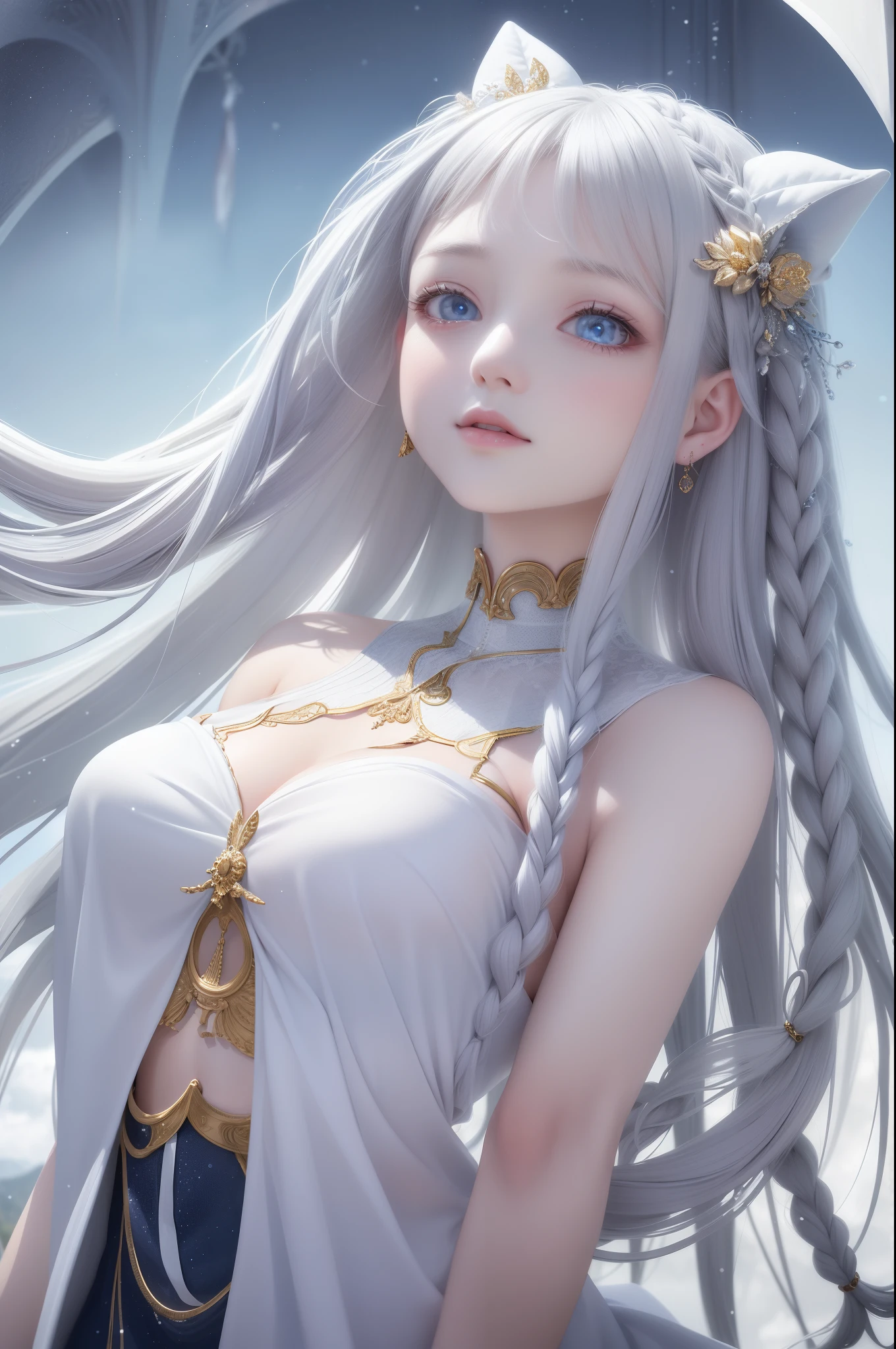 The ultimate masterpiece，Perfect image quality，Gray hair pure blue，Golden eyes twinkle，White clothes flowing，Looking Up The Sky，Upper body or whole body display，Hair flutters like a waterfall，The skin is as fair as snow，The side braid swings gracefully。