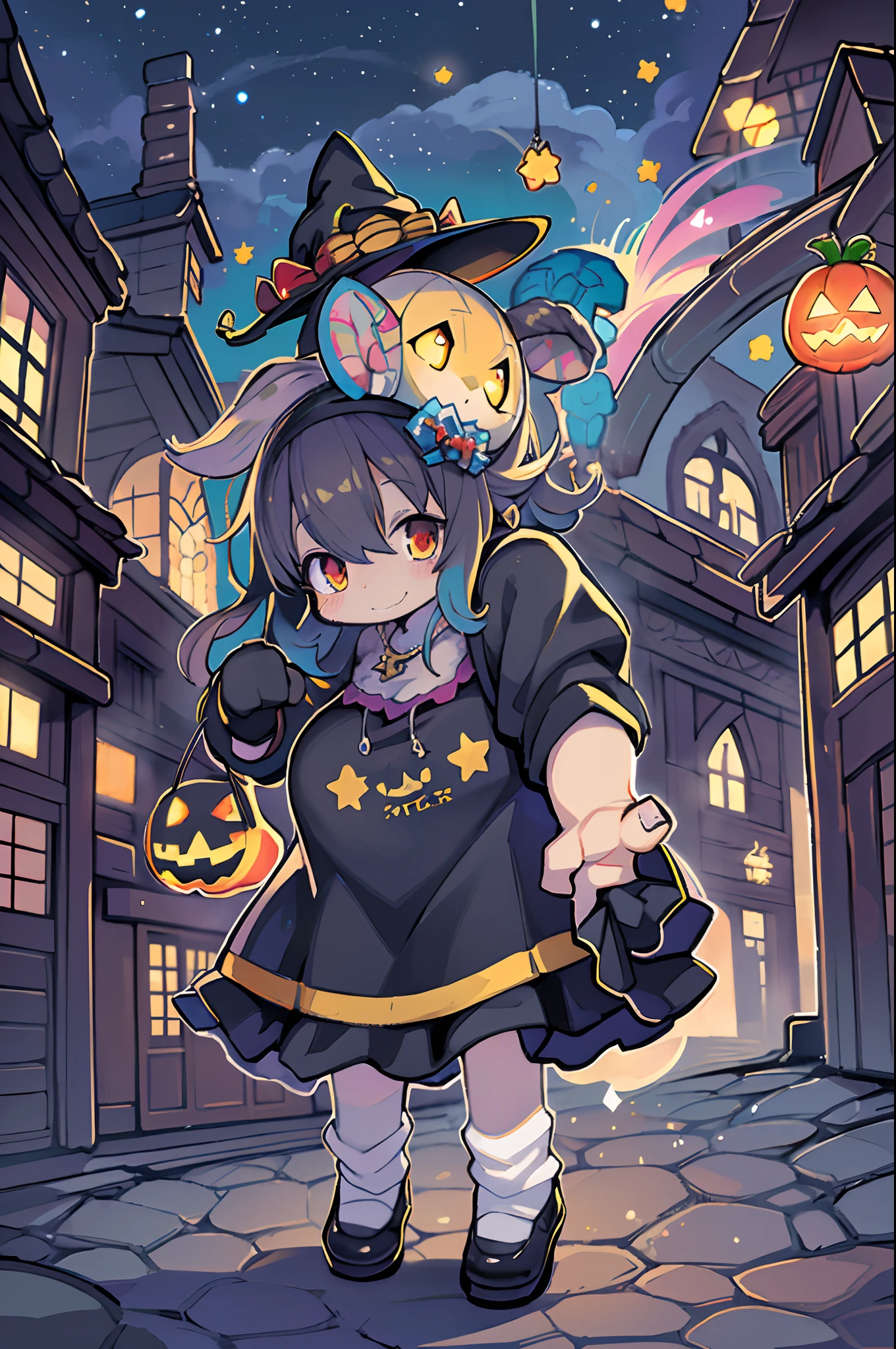 masutepiece, Best Quality, Charming Halloween 8 witch, Random coloring,2D, planar vector, T-shirt design, Colorful splashes, Fantasy Art, Watercolor effect,Digital Painting, white bg, 8K、Nighttime cityscape