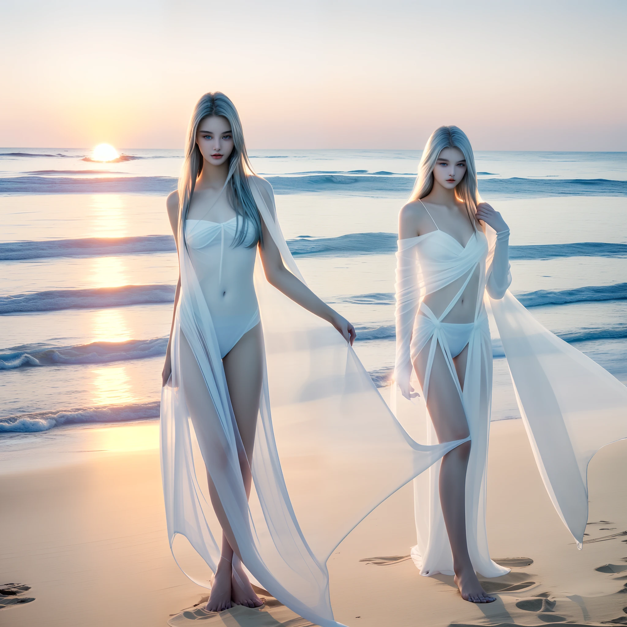Beautiful beach at sunset、Good looks like a model、20-year-old European beauty、Four Angels、4 Silver-Haired Beauties、Perfect slim style、Perfect good looks、Sheer white clothes with a lot of exposure、Sheer White Shawl
