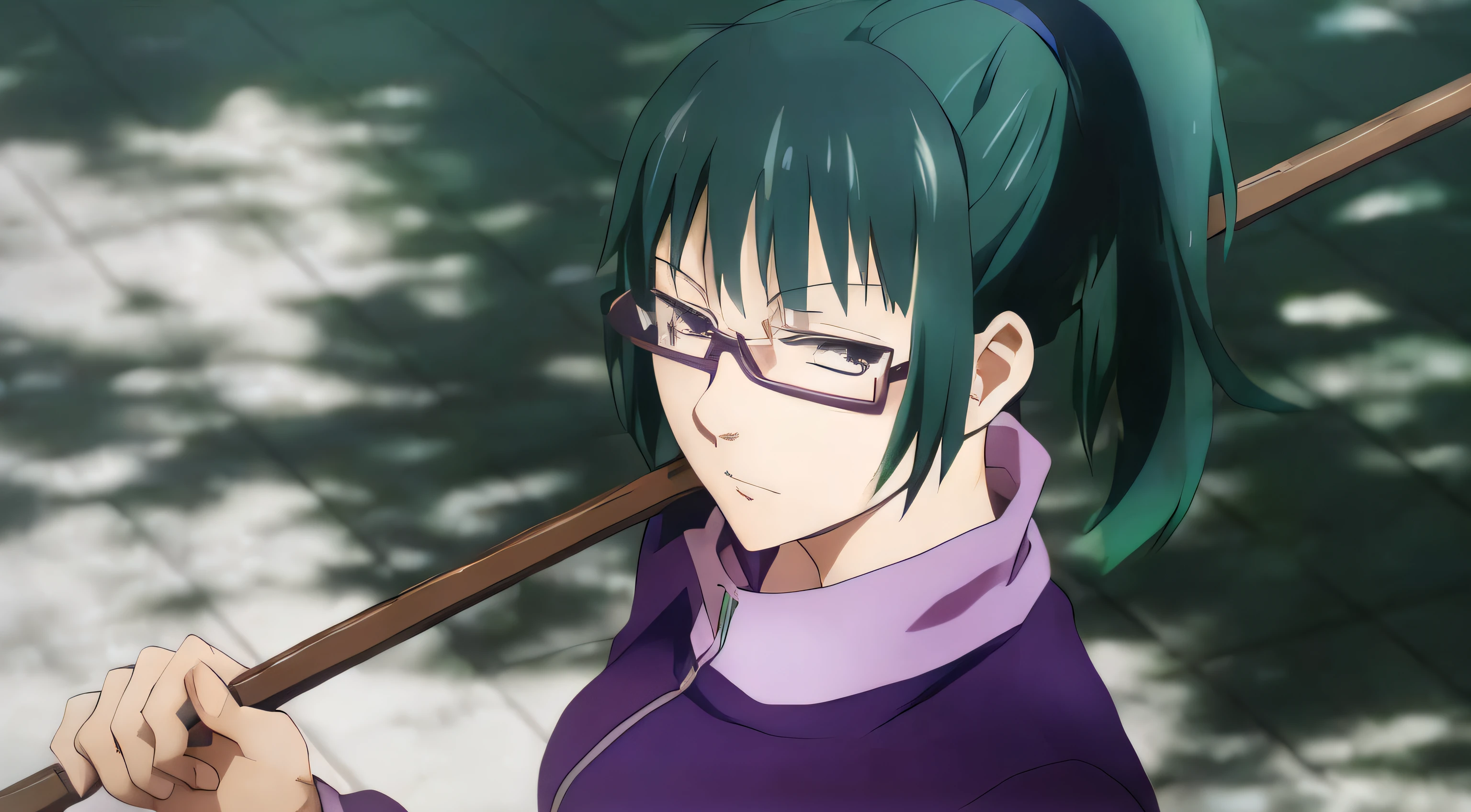 (best quality:1.5, highres, UHD, 4K, detailed eyes, detailed lighting, detailed hair, shaders), gym backround, dark green hair, ponytail, bangs, sharp eyes, yellow eyes, beautiful, large breasts, sport bra, purple jacket, turtleneck ,sleeveless, glasses, armpits, detailed armpits, looking at viewer