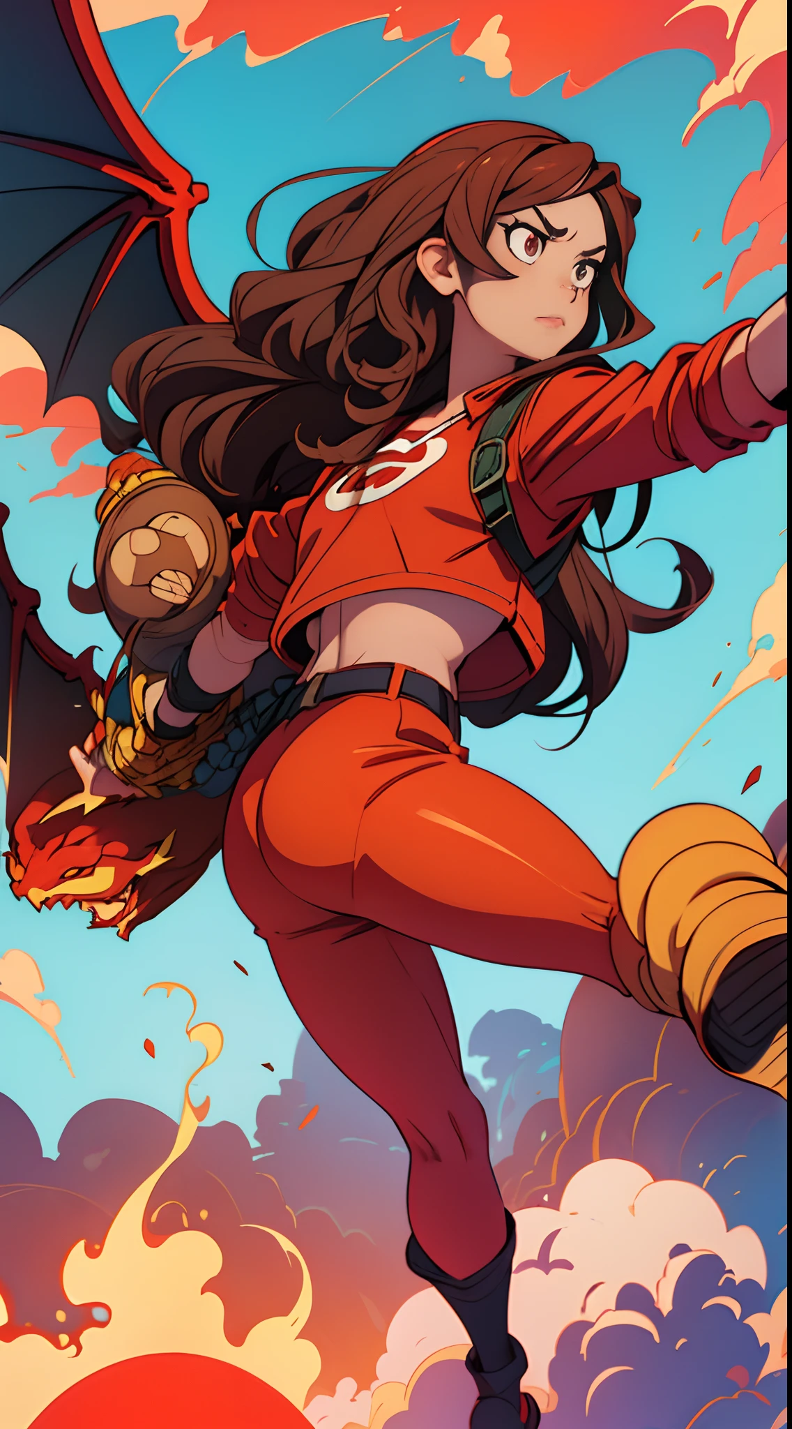 make a promotional poster for My hero academia, una chica de tez clara, Semi-long wavy brown hair,ojos marrones,usando fuego en una mano,It has red dragon wings on its back