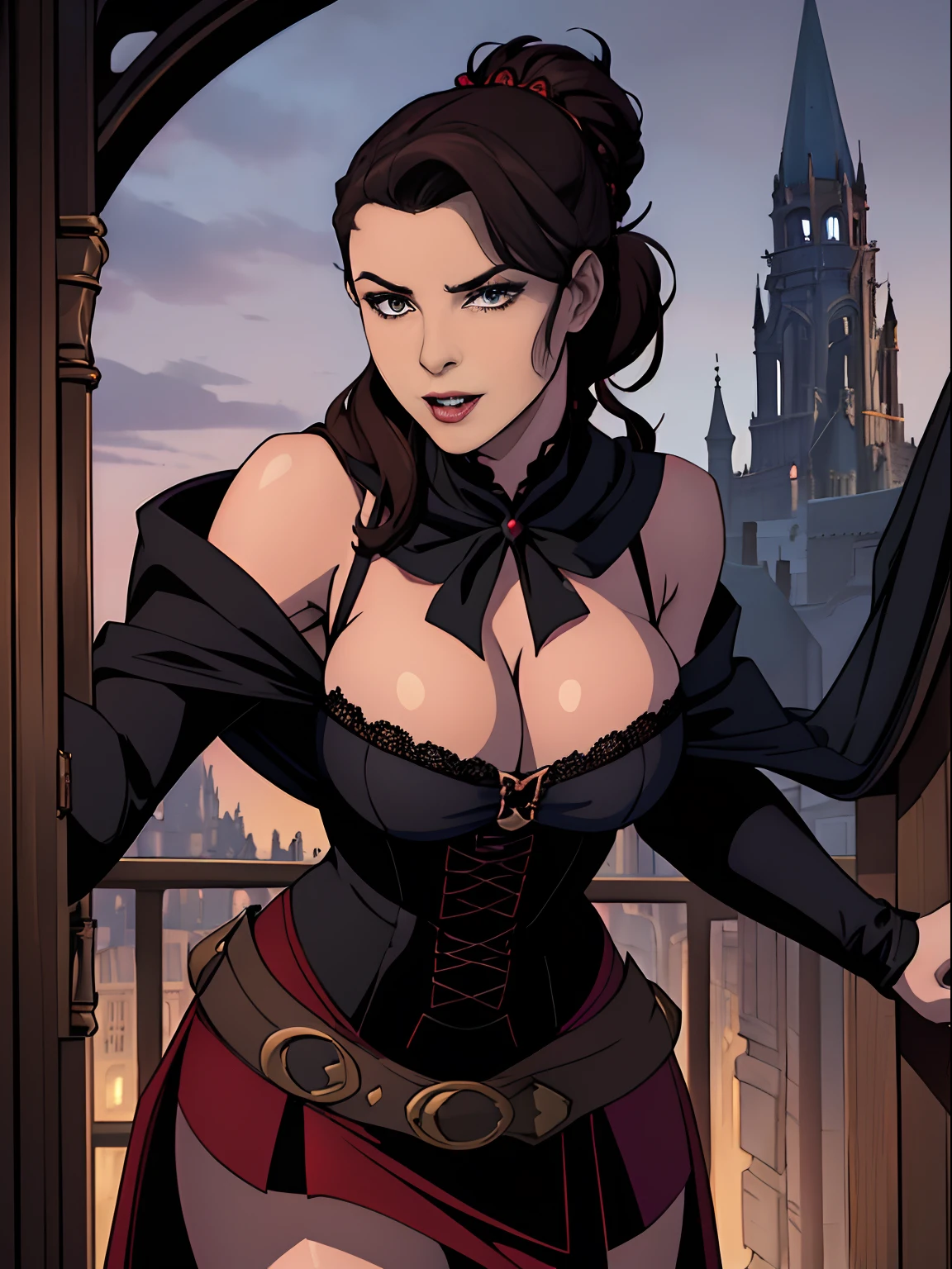 (masterpiece, top quality, best quality, official art, beautiful and aesthetic:1.2), (1girl:1.3), long and curly dark brown hair, ((extravagant updo)), Victorian style, extremely detailed, portrait, looking at viewer, solo, (full body:0.6), detailed background, close up, mischievous eyes, (cold midnight castle theme:1.1), extremely busty vampire, long fangs, blood on chin, huge lips, charlatan, smirk, mysterious, being seductive on a balcony, revealing gothic dress, lace, extremely tight bodice, black attire, red skirts, off shoulder, long sleeves, loose sleeves, black leather, cloak, corset, black dress, fishnets, thigh high black boots, buckles, straps, pouches, glowing blood magic energy, dark red fabric, silver trim, black leather, hyper breasts, cleavage, skindentation, slim waist, slim hips, long legs, medieval (gothic castle exterior:1.1) background, nighttime, dark mysterious lighting, shadows, magical atmosphere, dutch angle