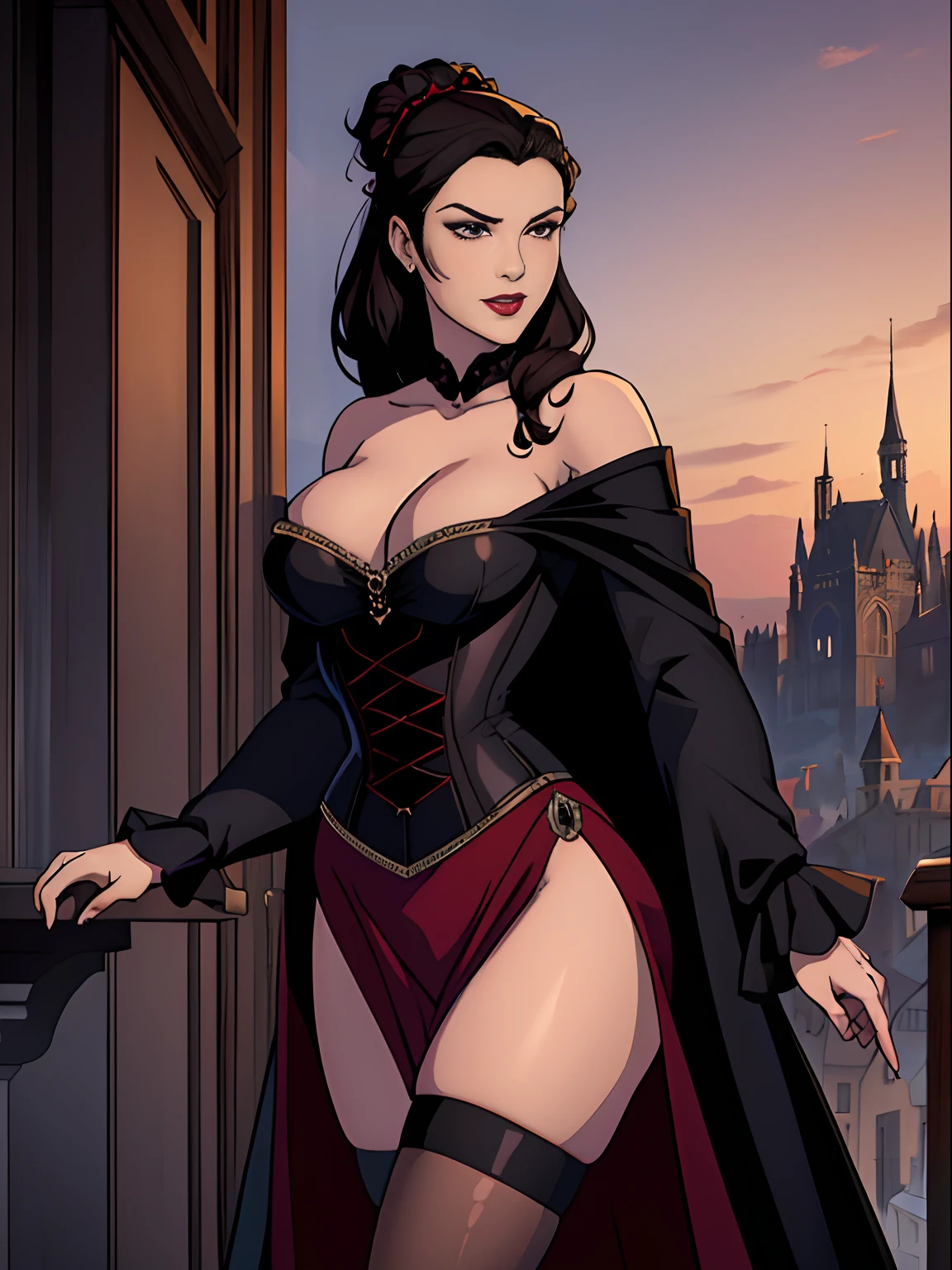 (masterpiece, top quality, best quality, official art, beautiful and aesthetic:1.2), (1girl:1.3), long and curly dark brown hair, ((extravagant updo)), Victorian style, extremely detailed, portrait, looking at viewer, solo, (full body:0.6), detailed background, close up, mischievous eyes, (cold midnight castle theme:1.1), extremely busty vampire, long fangs, blood on chin, huge lips, charlatan, smirk, mysterious, being seductive on a balcony, revealing gothic dress, lace, extremely tight bodice, black attire, red skirts, off shoulder, long sleeves, loose sleeves, black leather, cloak, corset, black dress, fishnets, thigh high black boots, buckles, straps, pouches, glowing blood magic energy, dark red fabric, silver trim, black leather, hyper breasts, cleavage, skindentation, slim waist, slim hips, long legs, medieval (gothic castle exterior:1.1) background, nighttime, dark mysterious lighting, shadows, magical atmosphere, dutch angle