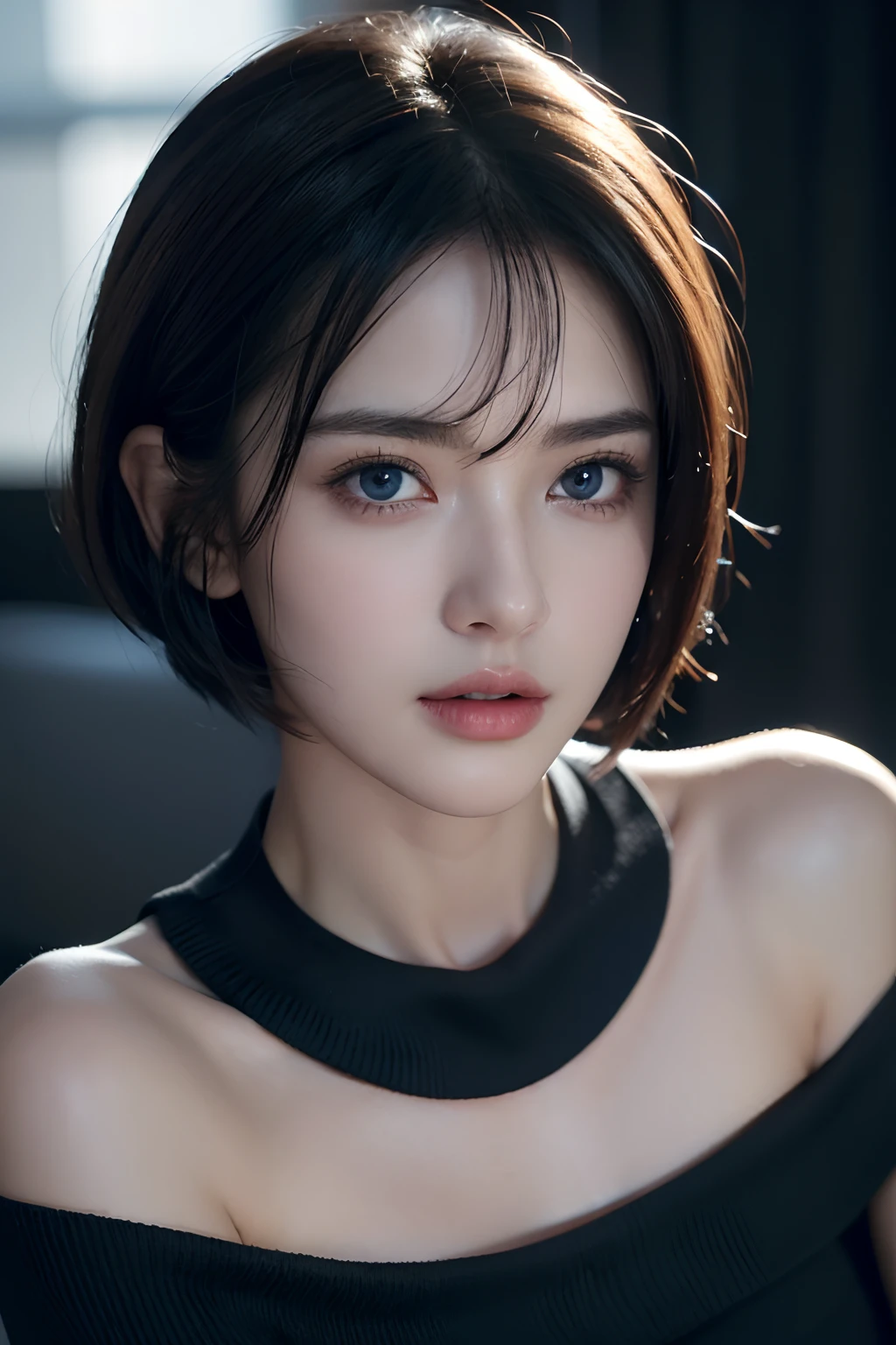 short hair, skintight black top:1.2, looking at viewer, cinematic lighting, perfect, soft lights, high resolution skin:1.2, realistic skin texture, realistic face, lean girl, headphones:1.2, off shoulder, Exposed cleavage, blue Eyes, big boob, bdsm slave collar harajuku makeup,