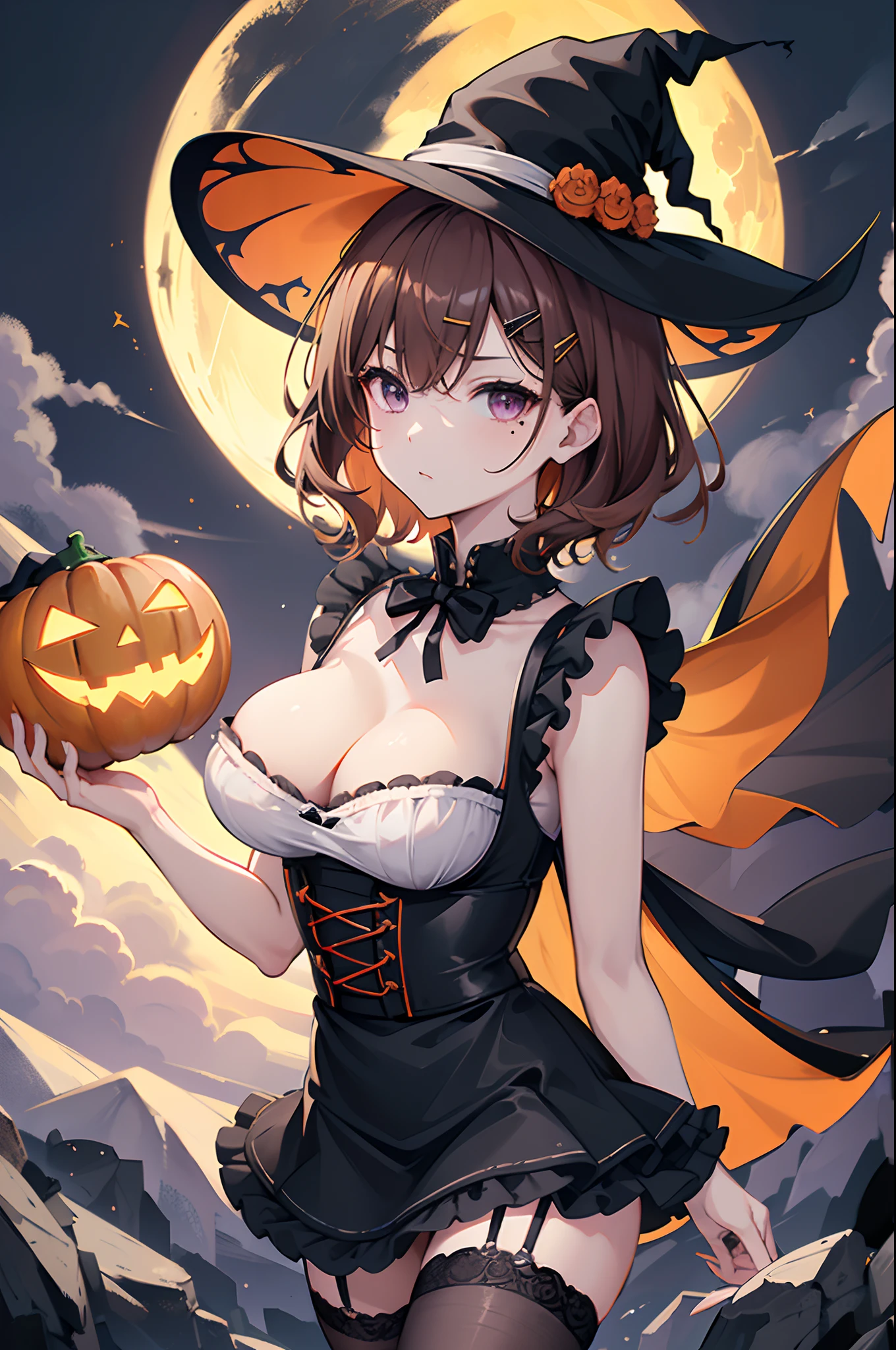 ((1girl)),sexy body,(((Perfect hands,Perfect Anatomy))),(masterpiece:1.1), (best quality:1.1), ((Beautiful detailed eyes: 1.6)),smaller eyes,((Very detailed face,perfect face)),NSFW,
＜Character appearance、body＞
＜Halloween Costume Prompts＞
orange and deep-green theme:1.2), (fusion of witch costume and dirndl:1.3), (black theme:1.1), ((black witch-hat, black pointy hat) with ribbon:1.4), (orange apron over skirt:1.4), (deep-green (ruffle-skirt, multilayer-skirt):1.4), ((bustier, waist cincher):1.3), (white short puff-sleeve:1.3), (deep-green and orange striped-pattern over-knee-socks:1.3), ((black evening-glove, choker, frills):1.2), (black High-heels:1.1), (Halloween print on apron:1.3),
＜Character appearance、The hair、mole＞
BREAK
(shiny hair,hair between the eyes, brown hair,short hair,bangs,)mole under eye,purple eyes,double eyelids,(ornament, hairclip,hairpin),
BREAK
＜expressioness、line of sight＞
looking at viewer,disgusted face,
＜Halloween Backgrounds、illuminating、Other Prompts＞
Halloween Floating Lights, Cinematic light and reflection, glowing lights, Intermediate metaverse elements，Digital Painting, Glowing reflections, pondering, Halloween Jack-o'-lantern, calm night, Digital Illustration, Beautiful atmosphere, Skylight at night, Calm evening atmosphere, Jack-o'-lantern, Halloween, the night, themoon, The game scene, Halloween, Surrounded by clouds, Buildings in medieval Europe, glazed tiles, ue, gorgeous colors, There are three arches in the foreground((color ink)), ( (Splash ink ) ), ((Splash ink) inky})), tmasterpiece, high quarity, Beautiful graphics, high detal,