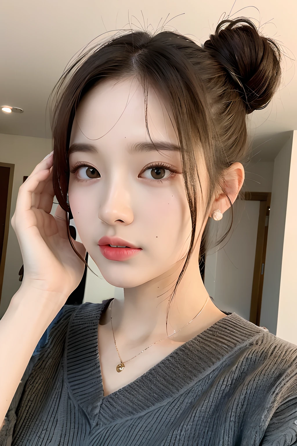 um close up de uma mulher com um alfinete de cabelo no cabelo, maquiagem sul-coreana popular, maquiagem coreana popular, young adorable korean face, Ulzzang, wan adorable korean face, young cute wan asian face,  coreana, korean face features, small lips pointy nose, large round nose closed lips, beautiful aesthetic face, kawaii retrato realista