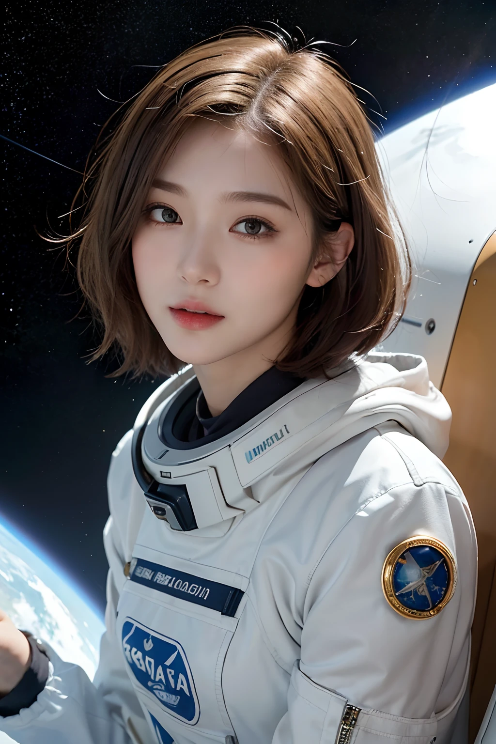 (wearing futuristic astronaut space suit, floating in space station, earth on background:1.4),
ultra highres, sharpness texture, (realistic skin texture:1.2), film grain,