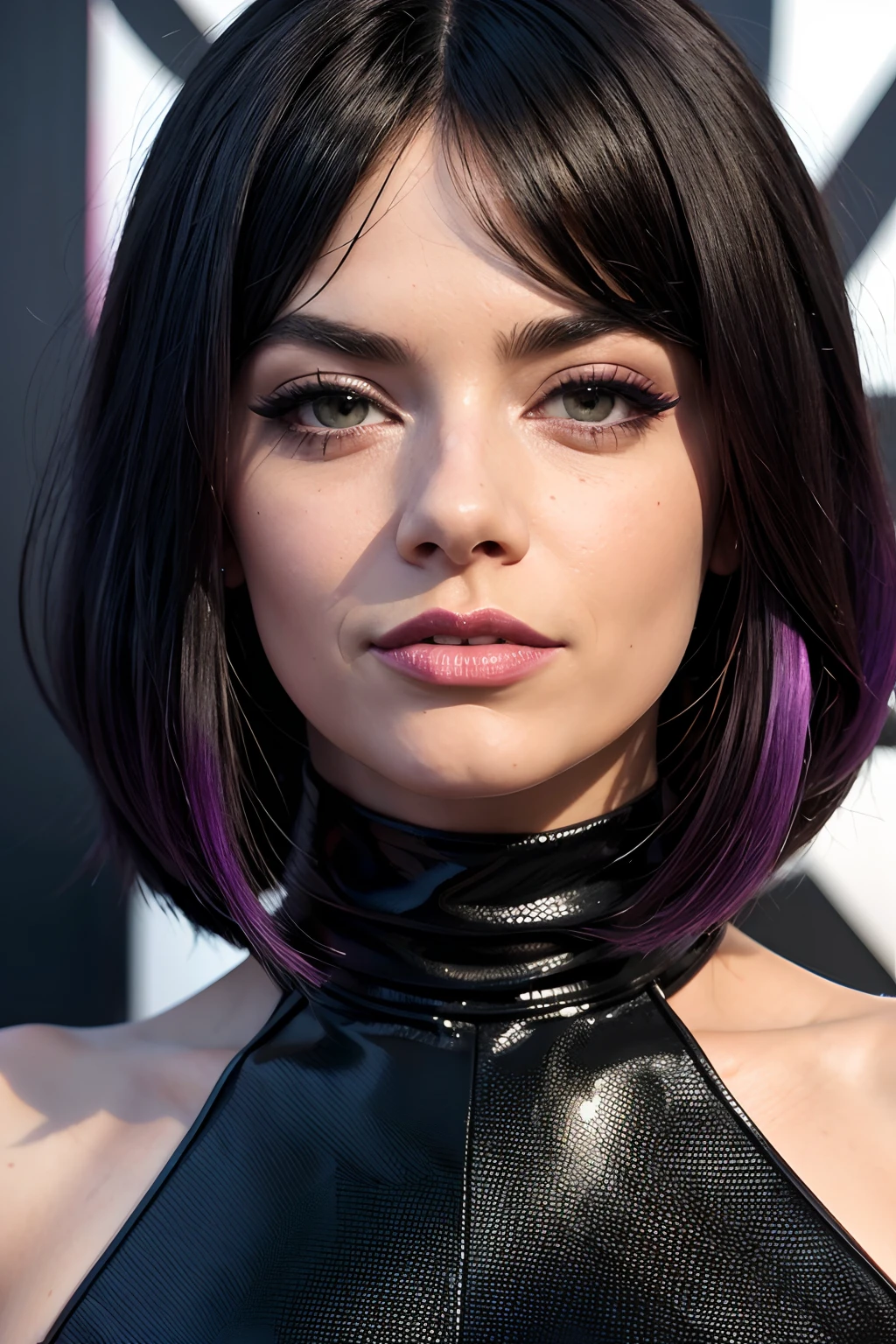 Ema Stones with black and white caleoi wig with parting strands on her head  ,4k,8k,Altas,master part:1.2),ultra-detalhado,Realistic,Emma stones ,corpo inteiro,em uma boate,retratando a personagem Cruella,Roupas pretas brilhantes,Batom rosa,purple eyeshadows on the eyelids,Long glossy black jumpsuit,capa preta