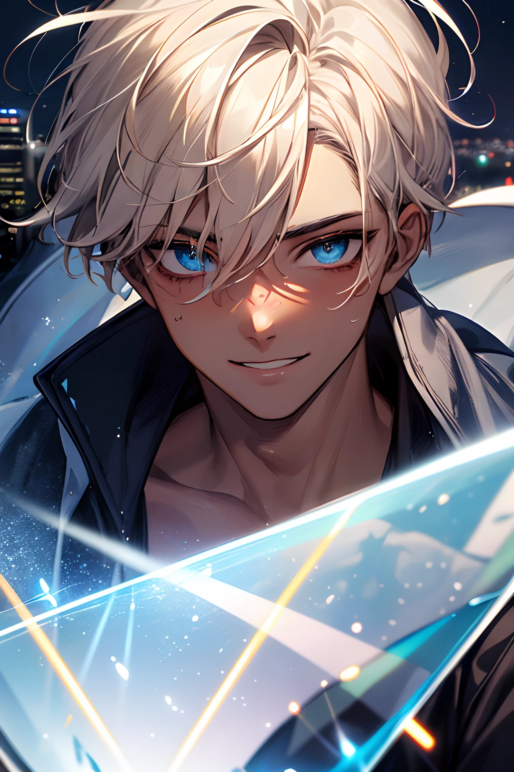 {{top-quality,masterpiece,8k wallpaper}},top-quality,Ultra-detailed CG Unity,Particle,Cinematographic lighting,lensflare,((1 ager)),a handsome,youthfulness,a 20-year-old boy,slender,close up of face,Looking at the camera,{{Sunburned skin,Brown skin,Brown-skinned,Arab}},Smile softly,Delicate eyes,Glassy dark blue eyes,platinum-blonde-hair,Hair of medium length,hair messy,dark boy,Street,Cities of England,Muted shades,Reach for the camera.