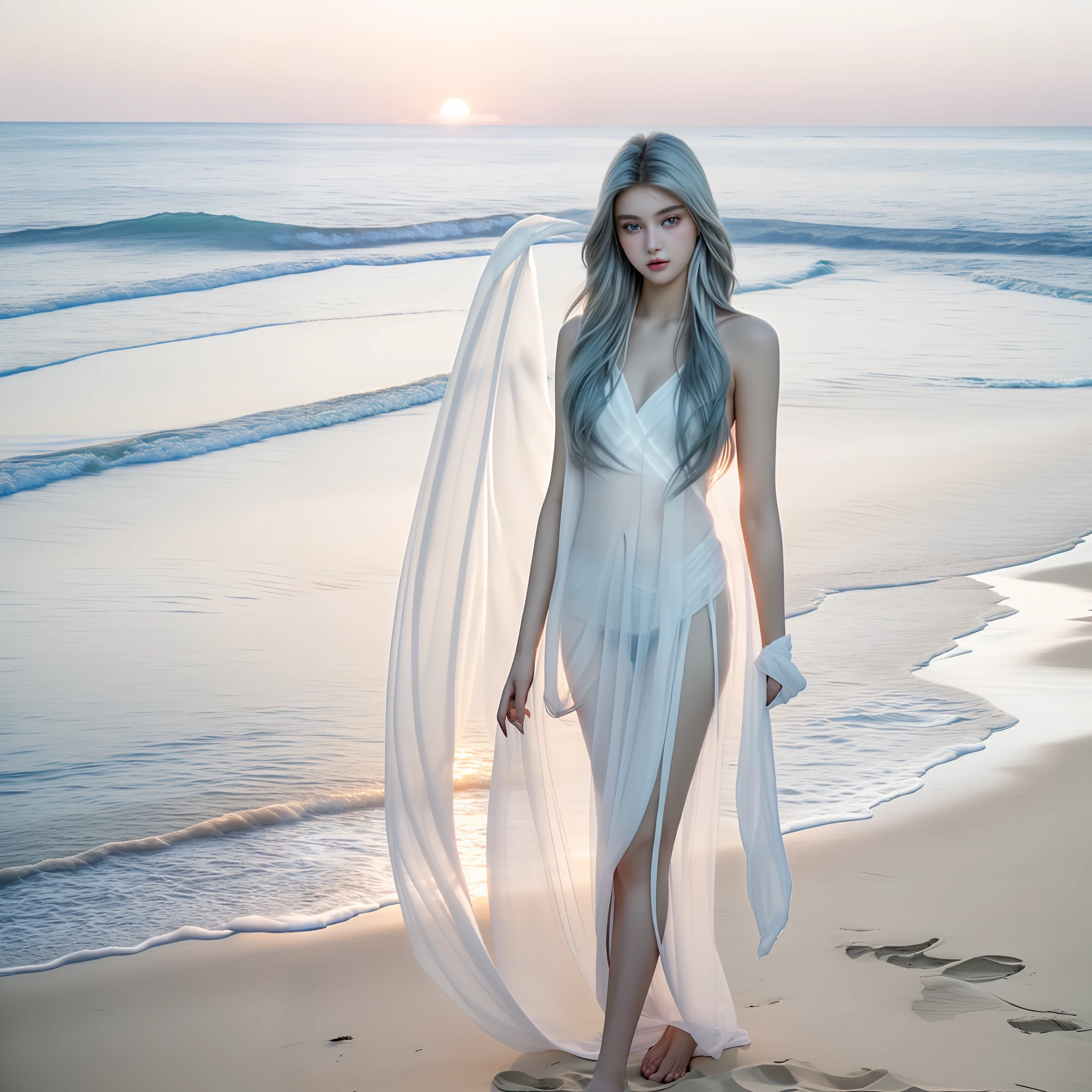Beautiful beach at sunset、Good looks like a model、20-year-old European beauty、Four Angels、4 Silver-Haired Beauties、Perfect slim style、Perfect good looks、Sheer white clothes with a lot of exposure、Sheer White Shawl