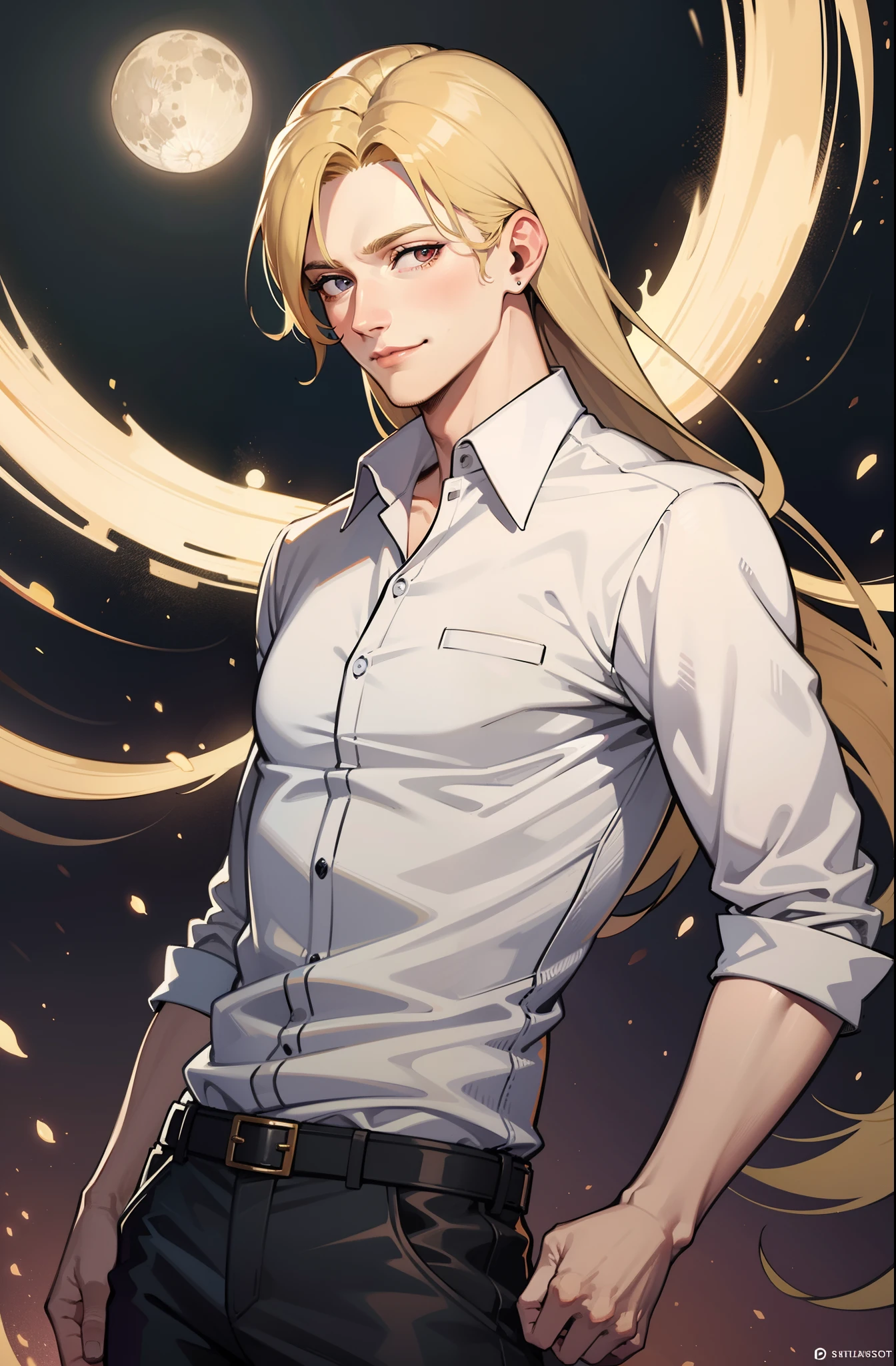 (absurdres, highres, ultra detailed), 1man, 30 years old man, adult man, handsome, tall,, finely detailed eyes and detailed face, leather pants, (((white shirt))), night, smile, dutch angle, ((long hair, blonde hair)), moon, gold details, gothic, vampire, vampire prince, dark, simple clothes, looking at the view, pale skin, red detailed eyes, (masculine), sexy, elegant, long bangs, detailed hands