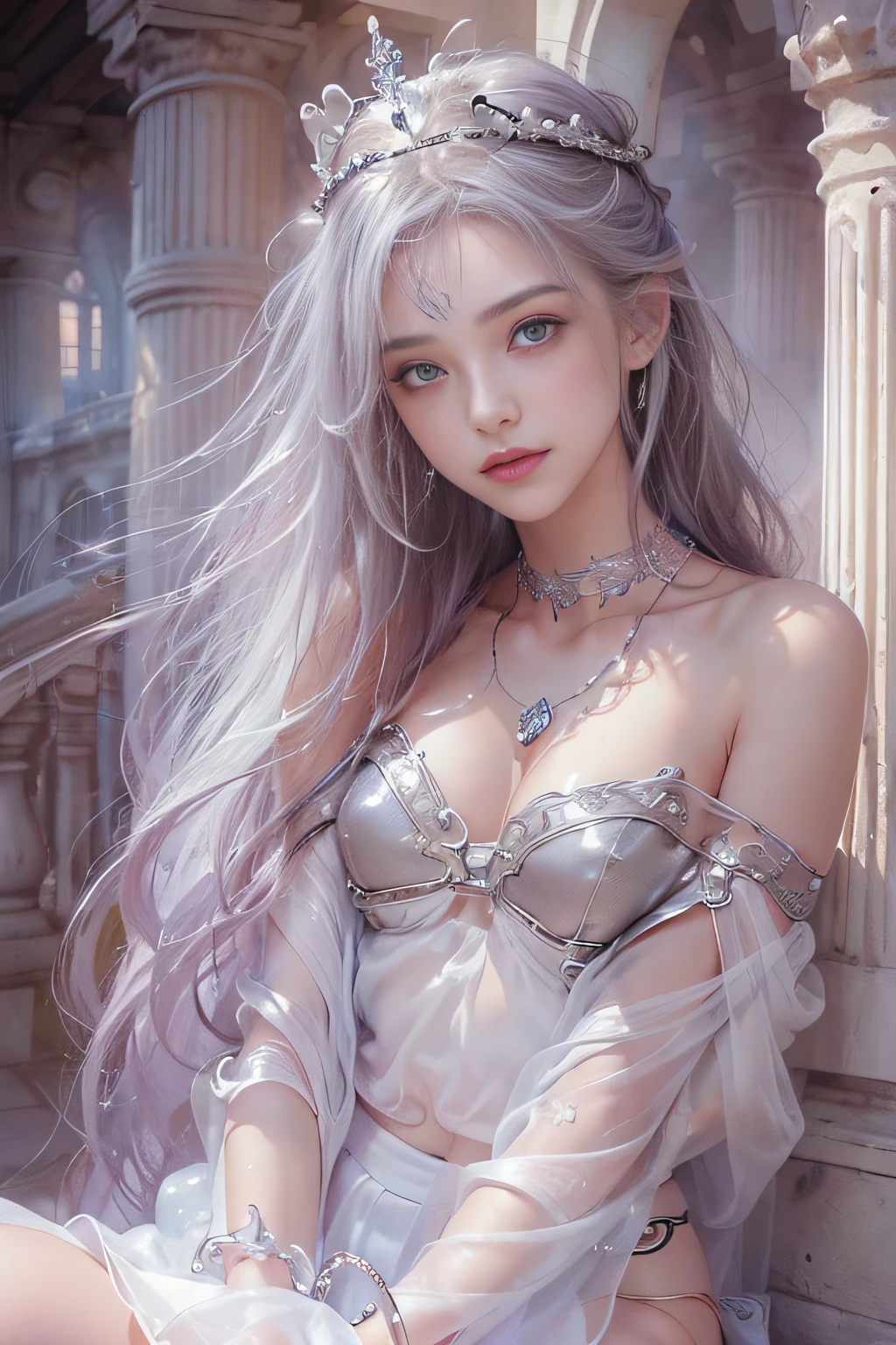 ((tmasterpiece:1.4)、(top-quality:1.4)、(reallistic:1.7))、By Luis Royo（By Luis Royo）Surreal portrait of a beautiful girl、Super beautiful girl、((1girl in:1.4))、Shiny natural skin texture、(The Queen's Gorgeous Costume)、((Sheer off-the-shoulder white one-piece mini skirt type:1.4))、((up skirt)),Authors：By Luis Royo（By Luis Royo）、age19、(Two arms:1.4、Two legs:1.4)、(perfect anatomia:1.4)、(Perfect female body:1.4)、Portrait photo of a girl、Close-up photos、Upper body photography、Fantasyart、Soft front light、Beautiful expression、kawaii faces、Beautiful udder、large full breasts:1.2、Beautiful ass、A detailed eye、Clearly eye-catching, beautiful and alluring、beautidful eyes、Narrow waist、Raw photo、red rip、Arrange your long hair as cool as a queen、(tiara crown:1.4、choker necklace:1.4、a necklace:1.4、耳Nipple Ring:1.4)、1 screen display、((In front of the city walls、Woman standing in front of bench)),((Translucent off-shoulder white dress))、((A smile)),((posterior view))、((Looks Back))、((White T-back panties visible)),((erection)),