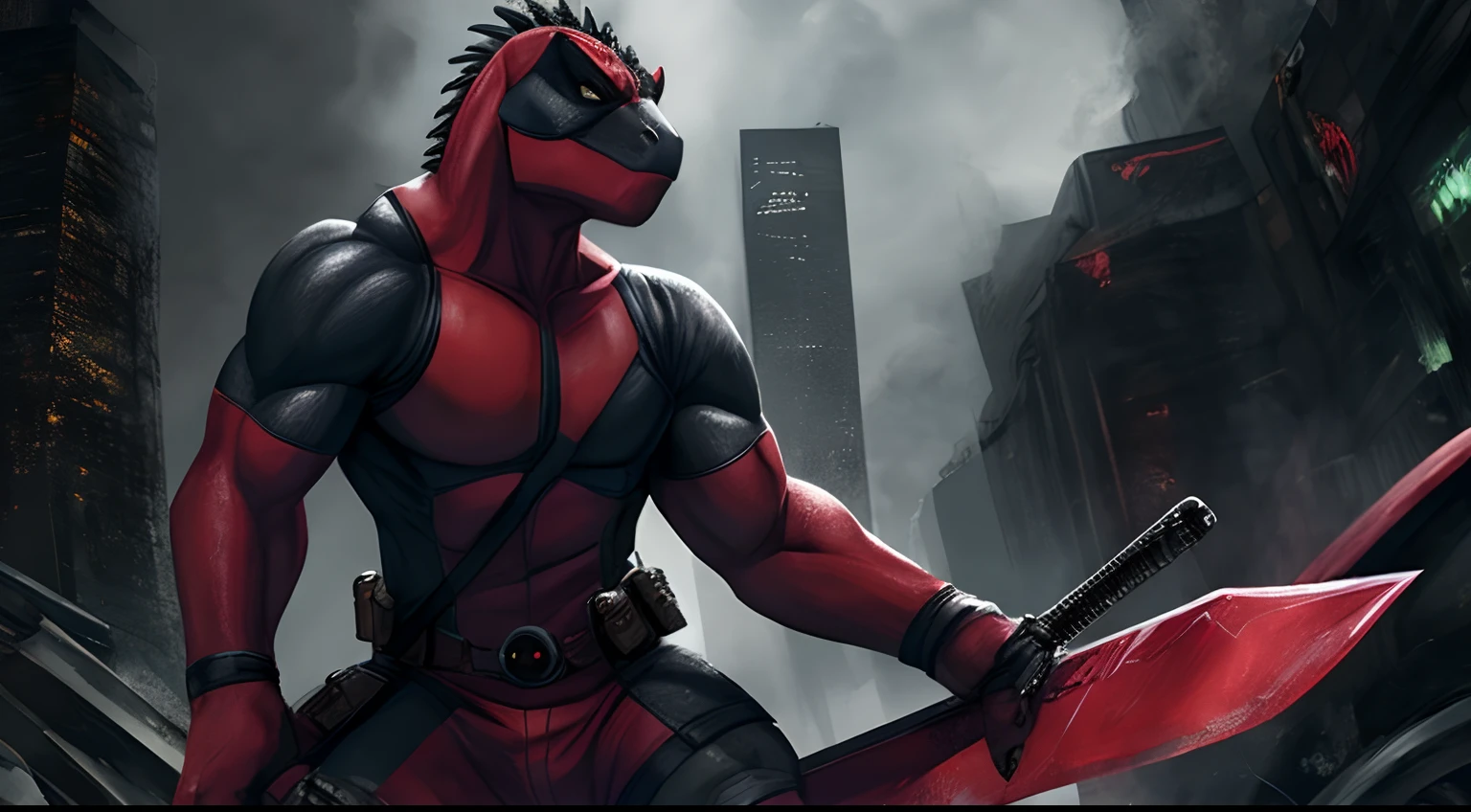 an image of an Deadpool is Tyrannosaurus Rex wearing mask, use a swords, dramatic pose, low lighting, hybrid, perfect composition, Digital painting, Professional, masterpiece, best quality, Jurassic park reference, chaos city background, 1 character, super detail, best finishing