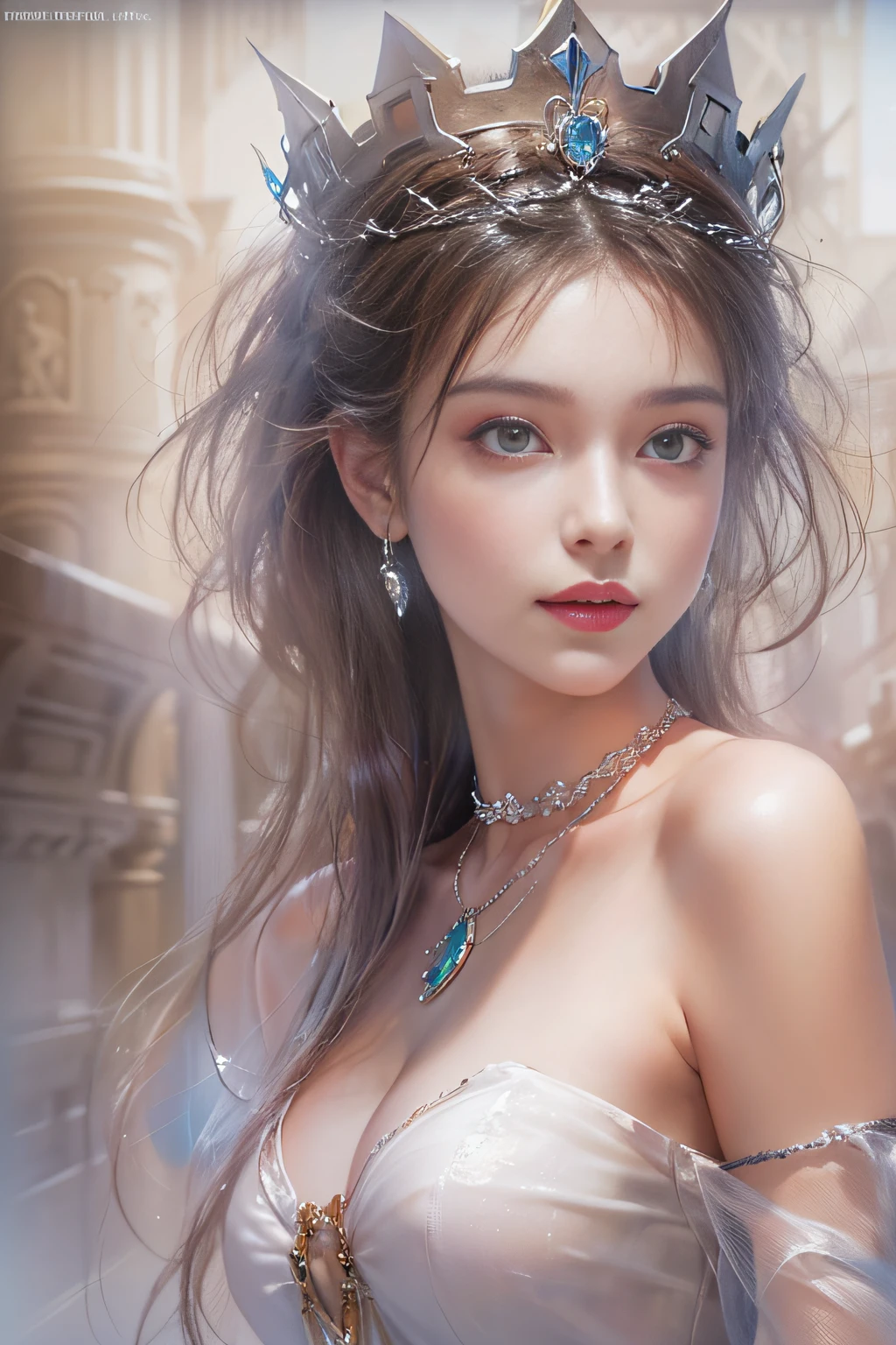 ((tmasterpiece:1.4)、(top-quality:1.4)、(reallistic:1.7))、By Luis Royo（By Luis Royo）Surreal portrait of a beautiful girl、Super beautiful girl、((1girl in:1.4))、Shiny natural skin texture、(The Queen's Gorgeous Costume)、((Sheer off-the-shoulder white one-piece mini skirt type:1.4))、((up skirt)),Authors：By Luis Royo（By Luis Royo）、age19、(Two arms:1.4、Two legs:1.4)、(perfect anatomia:1.4)、(Perfect female body:1.4)、Portrait photo of a girl、Close-up photos、Upper body photography、Fantasyart、Soft front light、Beautiful expression、kawaii faces、Beautiful udder、large full breasts:1.2、Beautiful ass、A detailed eye、Clearly eye-catching, beautiful and alluring、beautidful eyes、Narrow waist、Raw photo、red rip、Arrange your long hair as cool as a queen、(tiara crown:1.4、choker necklace:1.4、a necklace:1.4、耳Nipple Ring:1.4)、1 screen display、((In front of the city walls、Woman standing in front of bench)),((Translucent off-shoulder white dress))、((A smile)),((posterior view))、((Looks Back))、((White T-back panties visible)),((erection)),