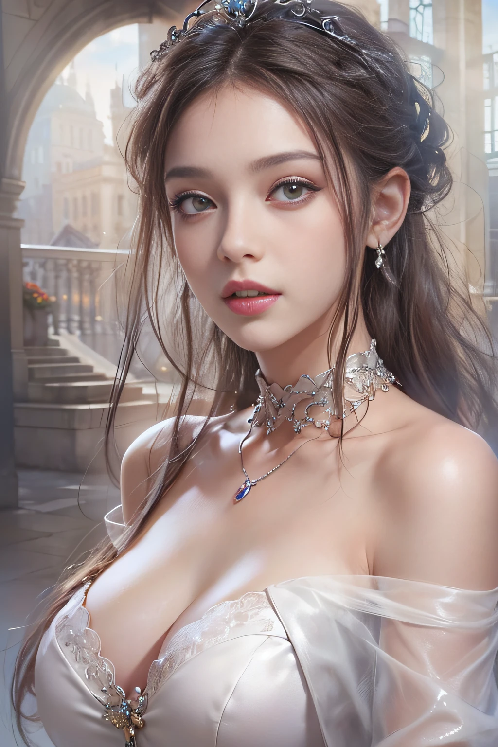 ((tmasterpiece:1.4)、(top-quality:1.4)、(reallistic:1.7))、By Luis Royo（By Luis Royo）Surreal portrait of a beautiful girl、Super beautiful girl、((1girl in:1.4))、Shiny natural skin texture、(The Queen's Gorgeous Costume)、((Sheer off-the-shoulder white one-piece mini skirt type:1.4))、((up skirt)),Authors：By Luis Royo（By Luis Royo）、age19、(Two arms:1.4、Two legs:1.4)、(perfect anatomia:1.4)、(Perfect female body:1.4)、Portrait photo of a girl、Close-up photos、Upper body photography、Fantasyart、Soft front light、Beautiful expression、kawaii faces、Beautiful udder、large full breasts:1.2、Beautiful ass、A detailed eye、Clearly eye-catching, beautiful and alluring、beautidful eyes、Narrow waist、Raw photo、red rip、Arrange your long hair as cool as a queen、(tiara crown:1.4、choker necklace:1.4、a necklace:1.4、耳Nipple Ring:1.4)、1 screen display、((In front of the city walls、Woman standing in front of bench)),((Translucent off-shoulder white dress))、((A smile)),((posterior view))、((Looks Back))、((White T-back panties visible)),((erection)),