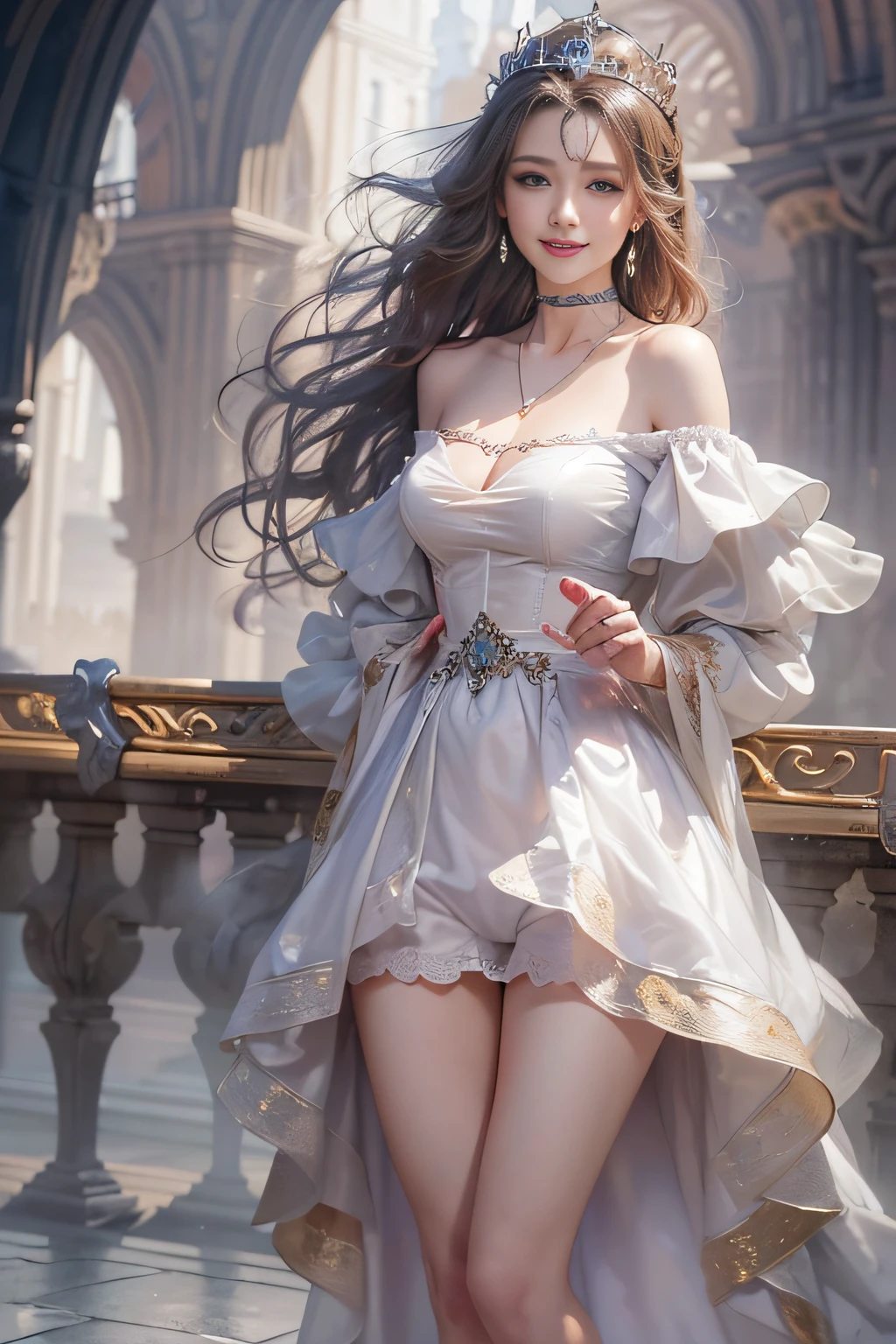 ((tmasterpiece:1.4)、(top-quality:1.4)、(reallistic:1.7))、By Luis Royo(By Luis Royo)Surreal portrait of a beautiful girl、Super beautiful girl、((1girl in:1.4))、Shiny natural skin texture、(The Queen's Gorgeous Costume)、(Off-the-shoulder white one-piece long type:1.4)、Authors:By Luis Royo(By Luis Royo)、age19、(Two arms:1.4、Two legs:1.4)、(perfect anatomia:1.4)、(Perfect female body:1.4)、Portrait photo of a girl、Close-up photos、Full body shooting、Fantasyart、Soft front light、Beautiful expression、kawaii faces、Beautiful udder、large full breasts:1.2、Beautiful ass、A detailed eye、Clearly eye-catching, beautiful and alluring、beautidful eyes、Narrow waist、Raw photo、red rip、Arrange your long hair as cool as a queen、(tiara crown:1.4、choker necklace:1.4、a necklace:1.4、耳Nipple Ring:1.4)、1 screen display、((In front of the city walls、Woman standing in front of bench)),((Translucent off-shoulder white dress))、((A smile)),((posterior view)),