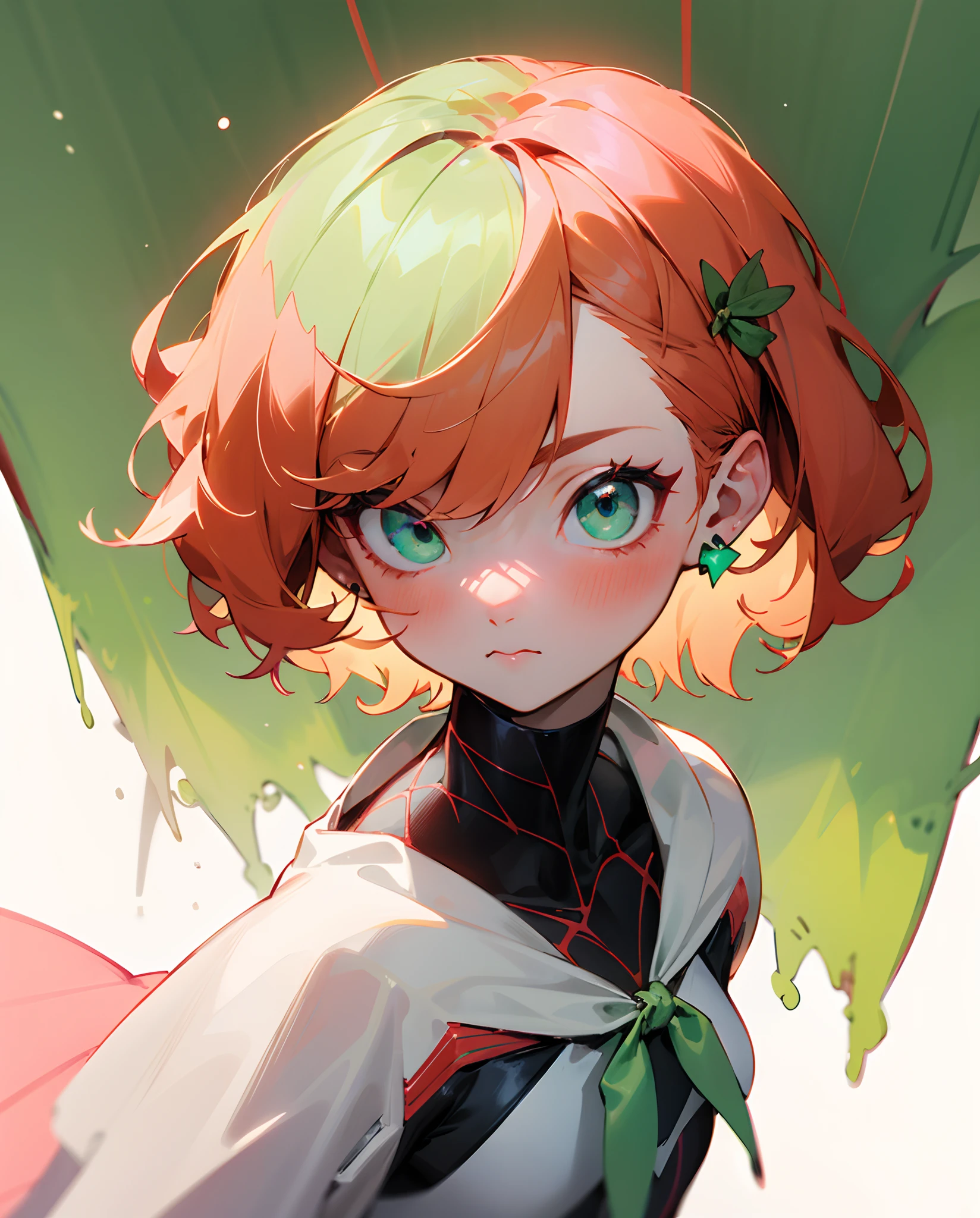 Spiderverse characters, a teenage girl, with ginger hair color, short fluffy wolf cut hair style, light green beautiful eyes, small white bows in her hair, light pink blush, pale, sage green power, in downtown, earrings, spiderverse comic