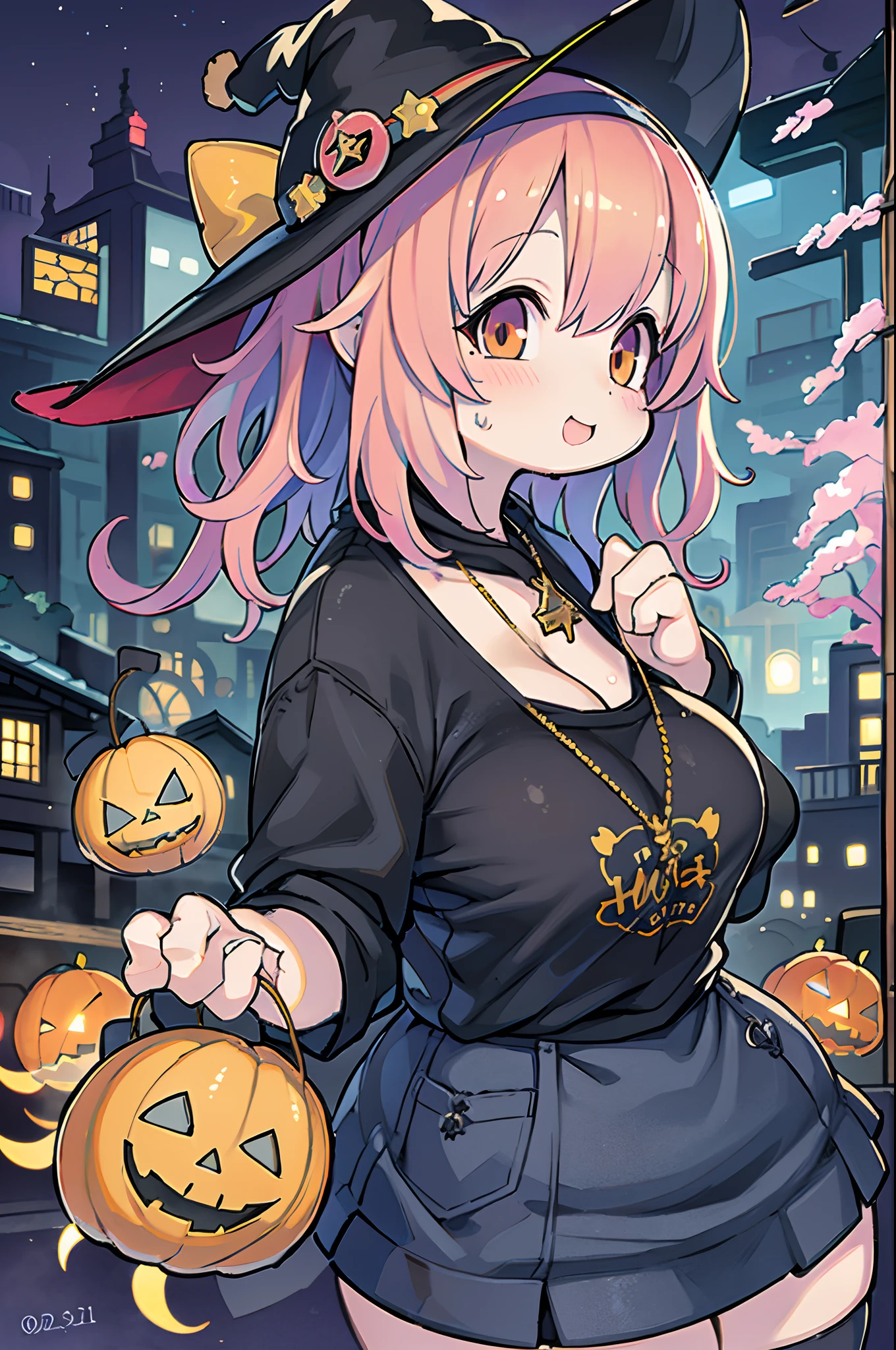 masutepiece, Best Quality, Charming Halloween 8  witch, Random coloring,2D, planar vector, T-shirt design, Colorful splashes, Fantasy Art, Watercolor effect,Digital Painting, white bg, 8K、Nighttime cityscape