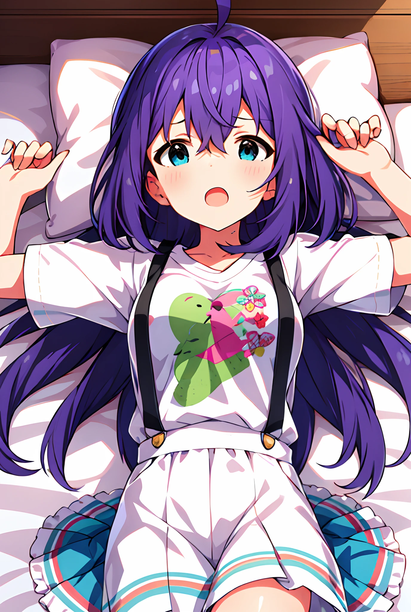 {{{{{mochizuki anna}}}}},1girl,solo,long hair,purple hair,small_ahoge,blue eyes.short stature.white t-shirts.suspenders.skirt.(((masterpiece))).(((best quality))).((ultra-detailed))).(((illustration))).night view.big breasts.up chest.Sad face.open mouth.PILLOWS.a bed.Spread your arms.sweat.(((Plain white t-shirt))).