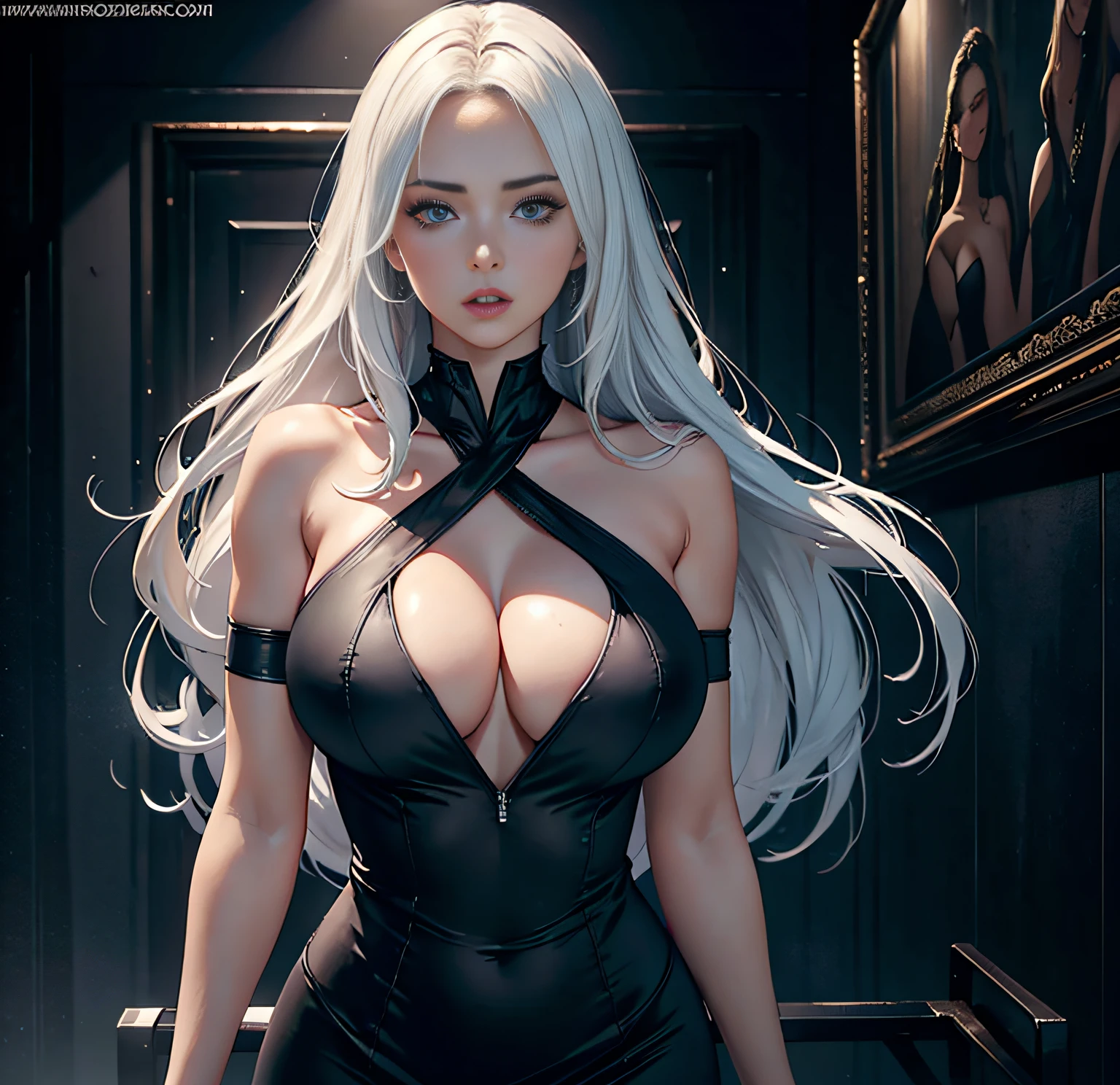 (front focus), Hyperrealist portrait of female, photo realistic, sexy dress, big boobs, dynamic lighting, art station, poster, volumetric lighting, very detailed faces, 4 k, award winning, 1girl, deep shadow, low key, semi , perfect body, long hair, white hair