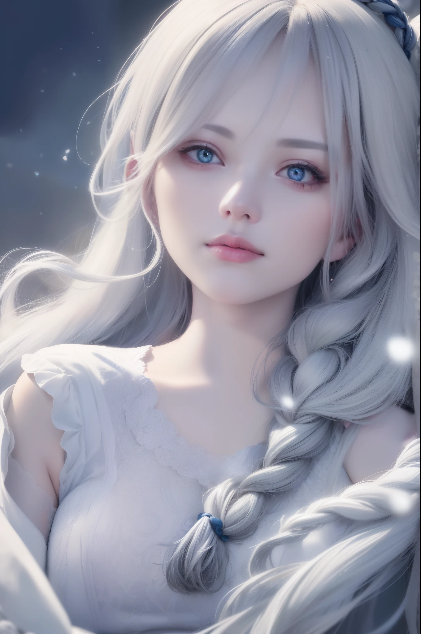 best quality,ultra-detailed,realistic:1.37,portrait,white hair,girl,blue eyes,beautiful detailed eyes,delicate features,soft expression,feminine,subtle smile,perfect lighting,high-res,sharp focus,vivid colors,studio setting,gorgeous makeup,flawless skin,dreamy atmosphere,ethereal beauty,wholesome appearance,endearing personality,artistic rendering,subtle textures,sublime aesthetics,airy background,graceful pose,profile picture,attention to detail,photorealistic rendering,sublime artistry,serene ambiance,masterpiece:1.2