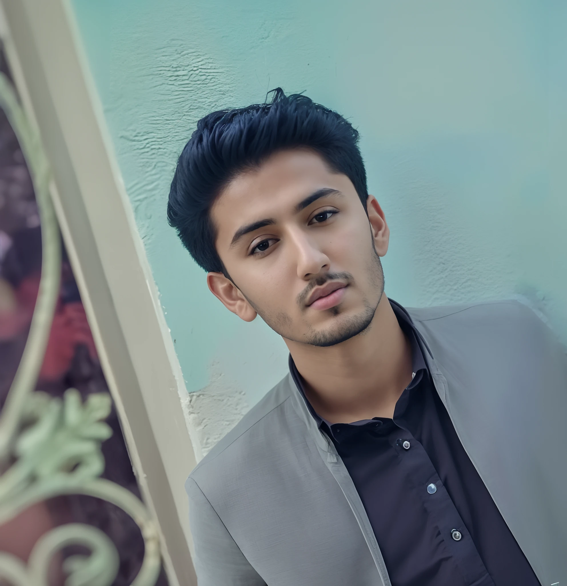 there is a man standing in front of a blue wall, khyzyl saleem, portait photo profile picture, kyza saleem, mid shot portrait, ash thorp khyzyl saleem, riyahd cassiem, facebook profile picture, full body photogenic shot, headshot profile picture, candid picture, very very low quality picture, high quality portrait (8K, Photo Raw, High Definition, Masterpiece: 1.2), (Real, Photoalsitic: 1.37), Super Detailed, High Definition, High Definition, Detail, 4k