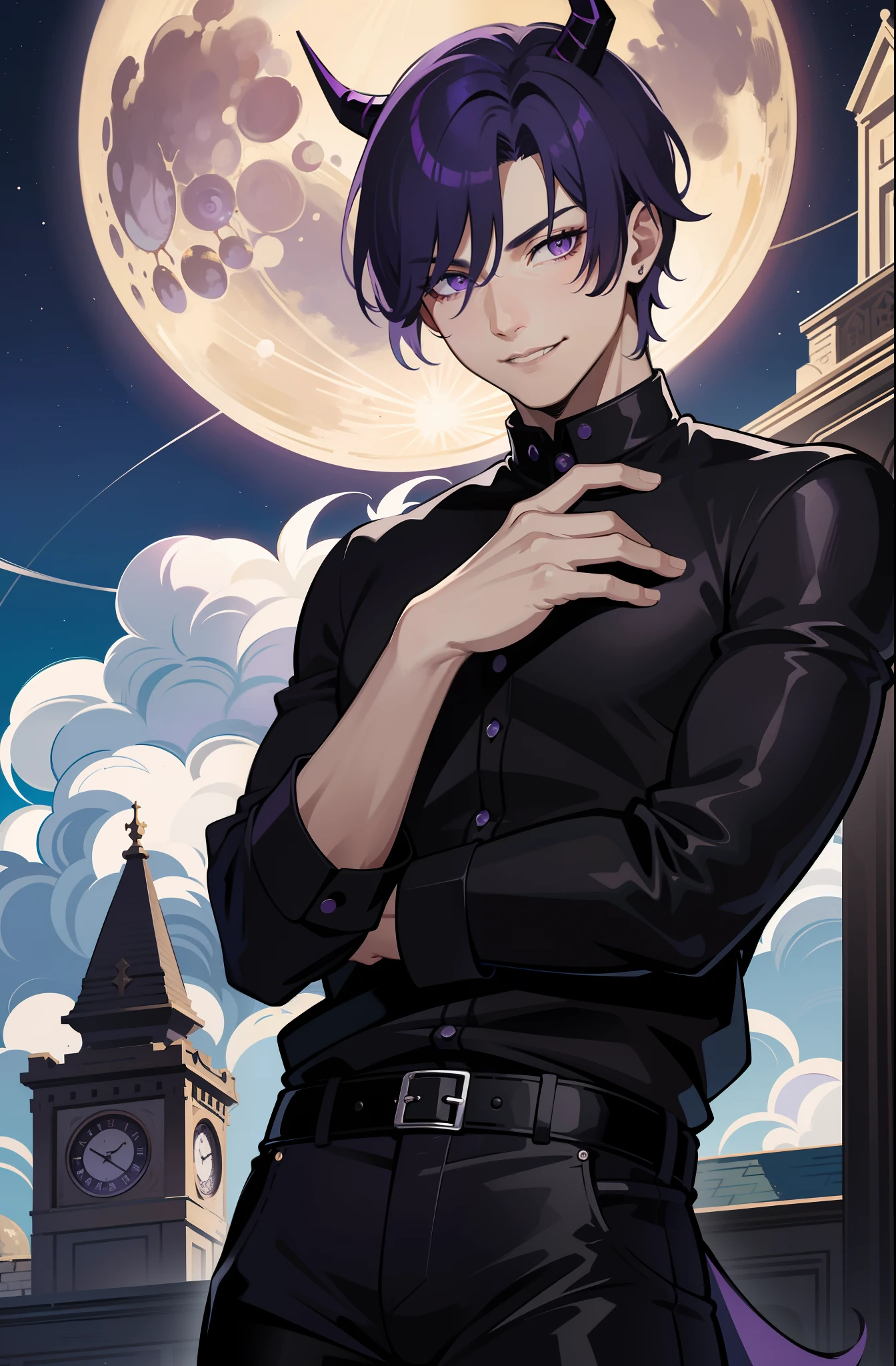 (absurdres, highres, ultra detailed), 1man, 30 years old man, adult man, handsome, tall, finely detailed eyes and detailed face, leather pants, (((black shirt))), night, smile, dutch angle, ((short hair, blue hair)), moon, silver details, gothic, incubus, prince, dark, simple clothes, looking at the view, pale skin, purple detailed eyes, (masculine), sexy, elegant, (((long bangs))), detailed hands, (((purple eyes))), bad boy, (muscles), smirk, horns,