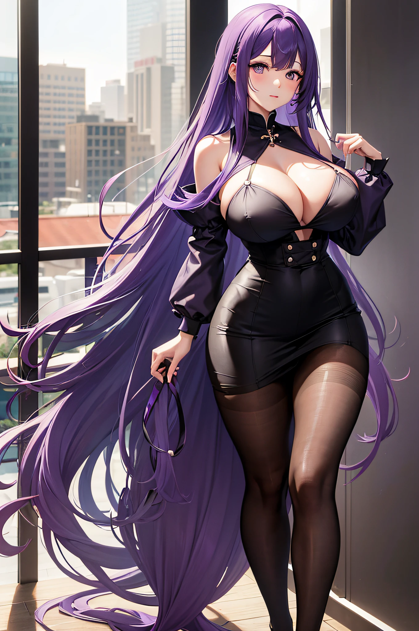 A woman with long purple hair,1个Giant Breast Girl,Bao,Black bra,brassier,nedium breasts,cleavage,耳Nipple Ring,high-heels,jewely,Large breasts,long whitr hair,looking at viewert,lacepantyhose,pencil skirts,Purple hair,The shirt,a skirt,独奏,underdressing,Very long hair