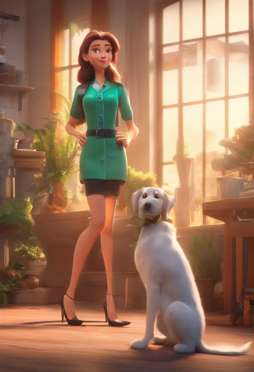 Mulher de cabelos compridos e loiros, olhos verdes, vestindo jaleco Branco, Stethoscope on neck in a veterinary clinic with several dogs, uma arara, a bird, um gato preto e branco, dramatic light, Dramatic Outcast, extremely high-resolution, 3D Animation Poster Style, Magia da Disney Pixar, Estilo Disney Pixar, Disney Animation, 3D animation style, Disney Pixar rendering